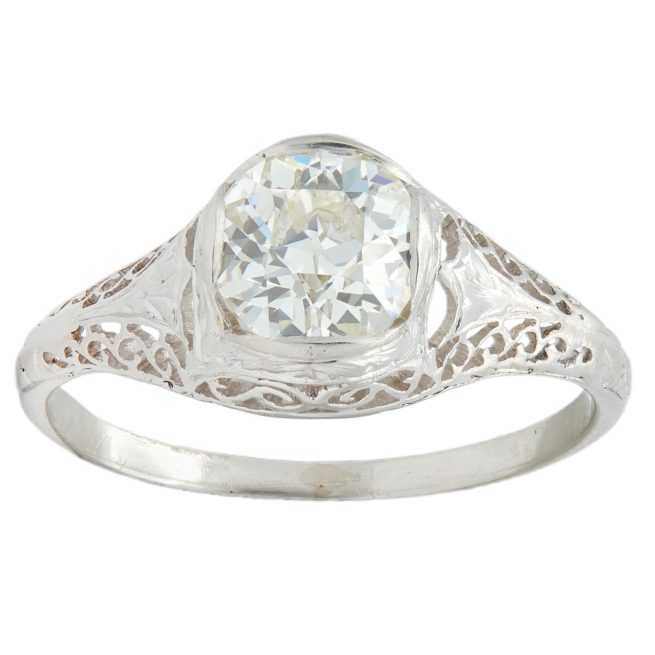 Art Deco Old Mine Cut Diamond Platinum Arching Scroll Antique Engagement Ring