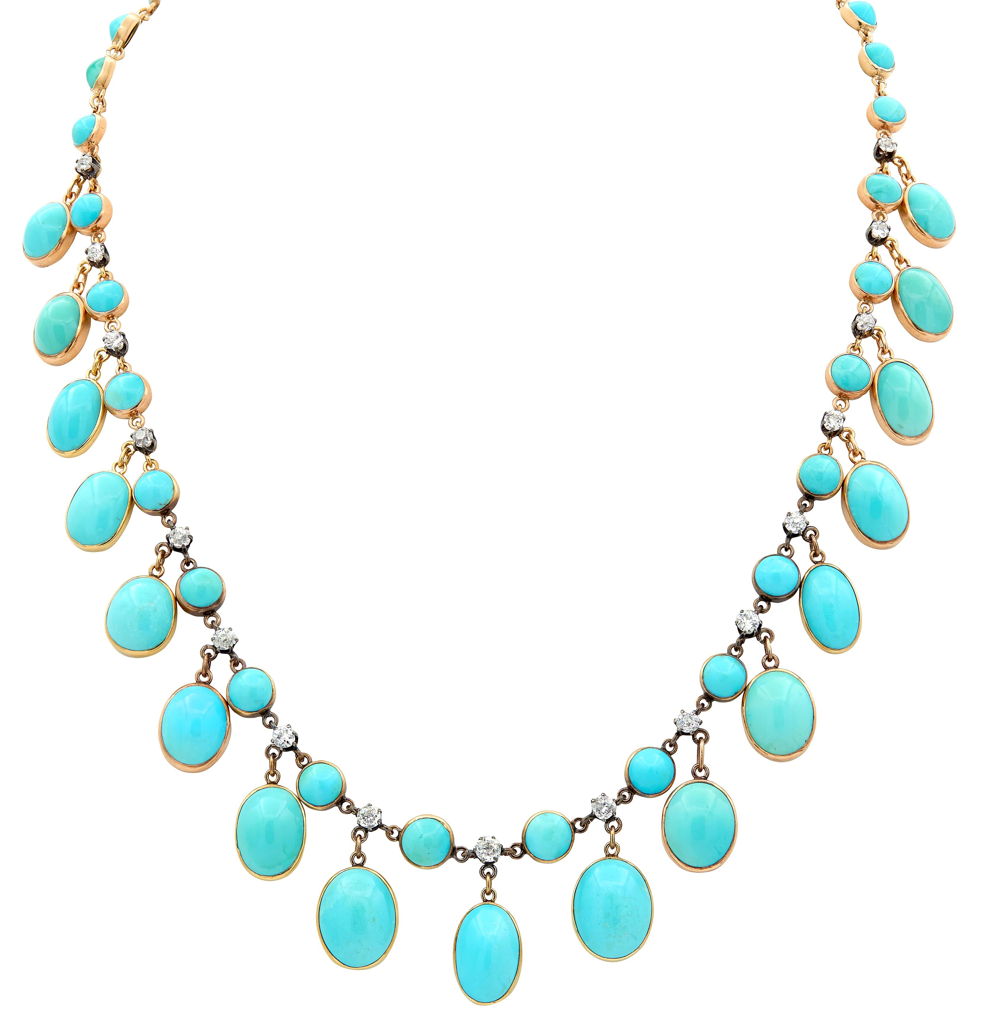 Victorian Diamond Turquoise 14 Karat Yellow Gold Silver Antique Fringe Necklace