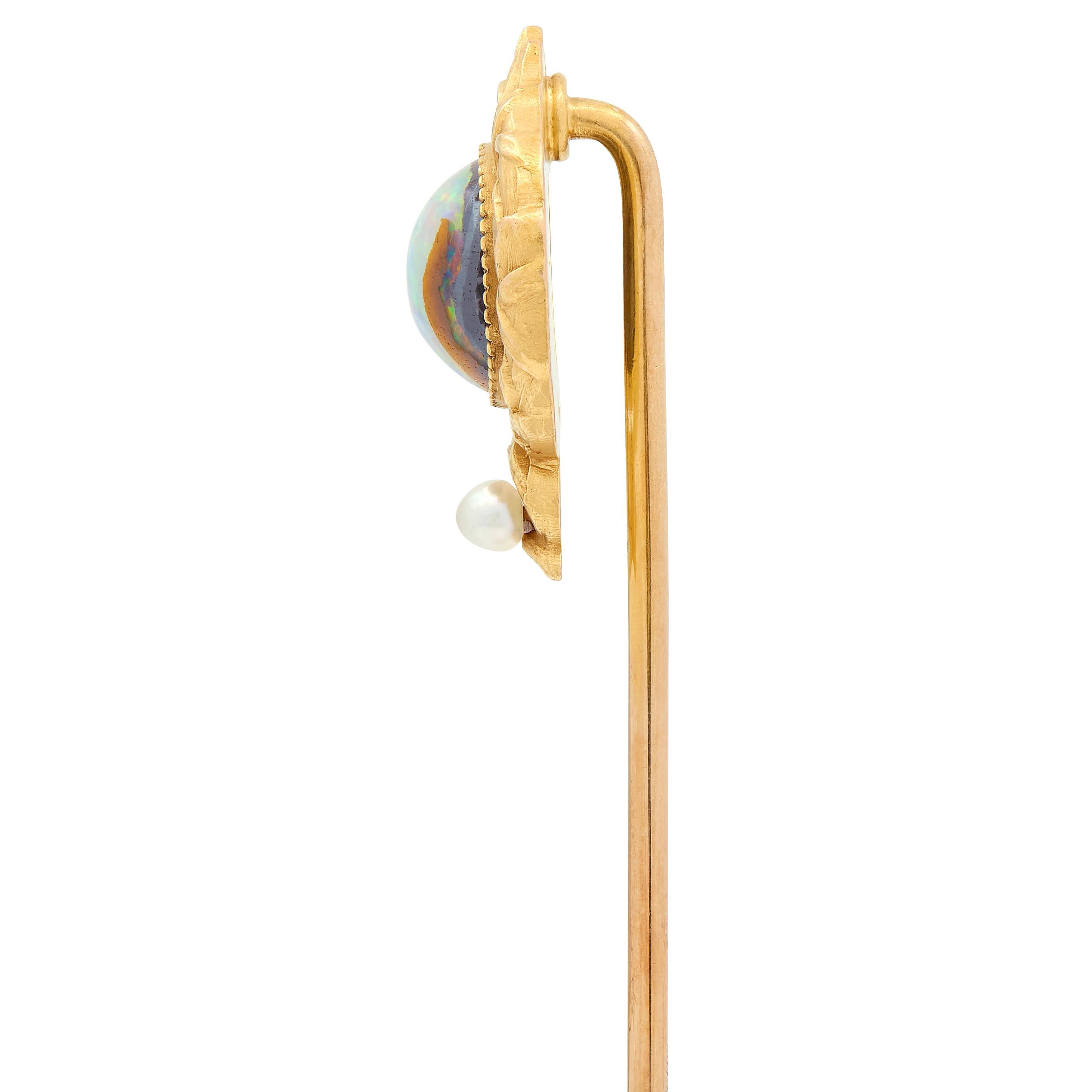 Late Victorian Opal Pearl 14 Karat Yellow Gold Antique Laurel Stickpin