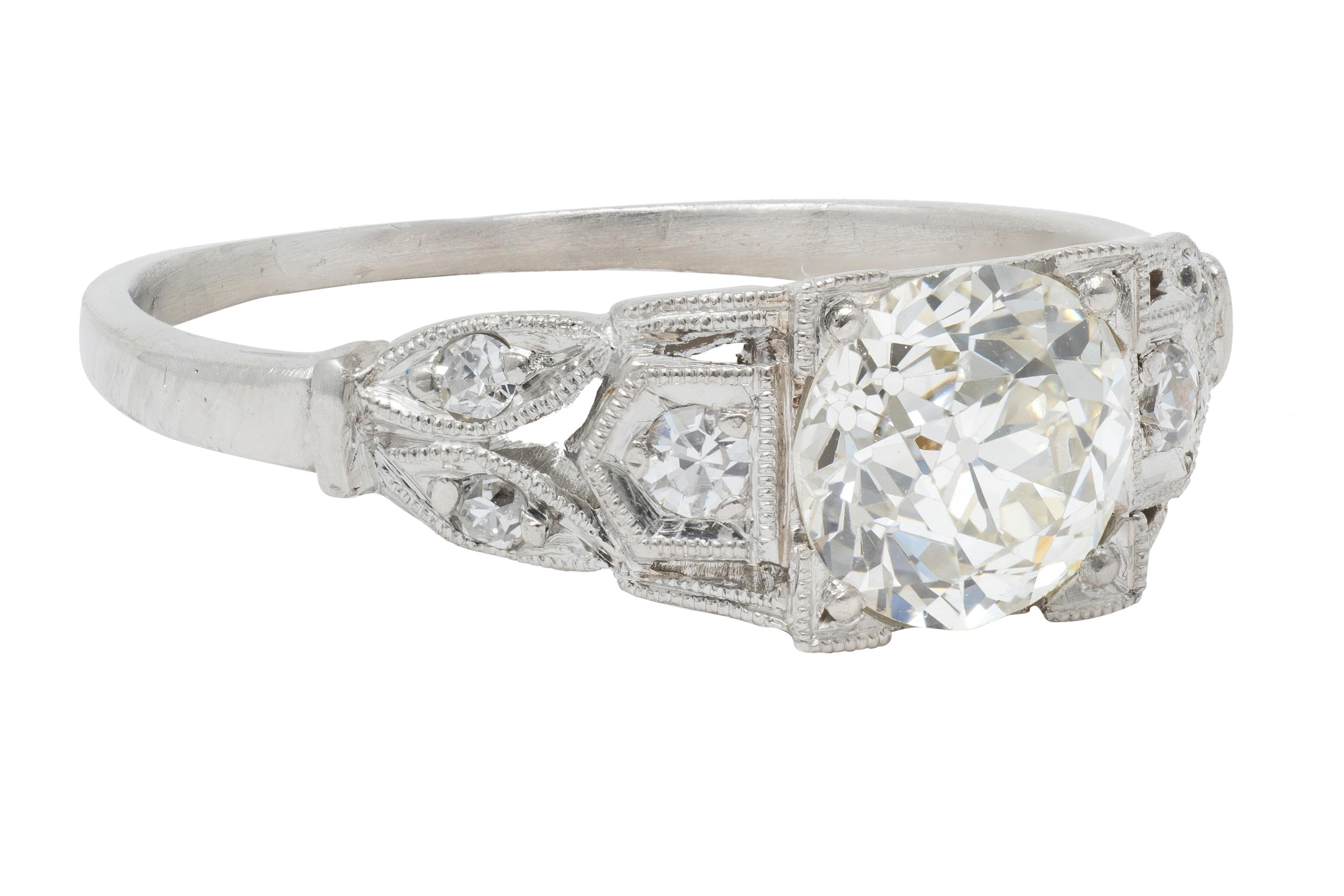 Art Deco 0.92 CTW Old European Diamond Platinum Vintage Lotus Engagement Ring