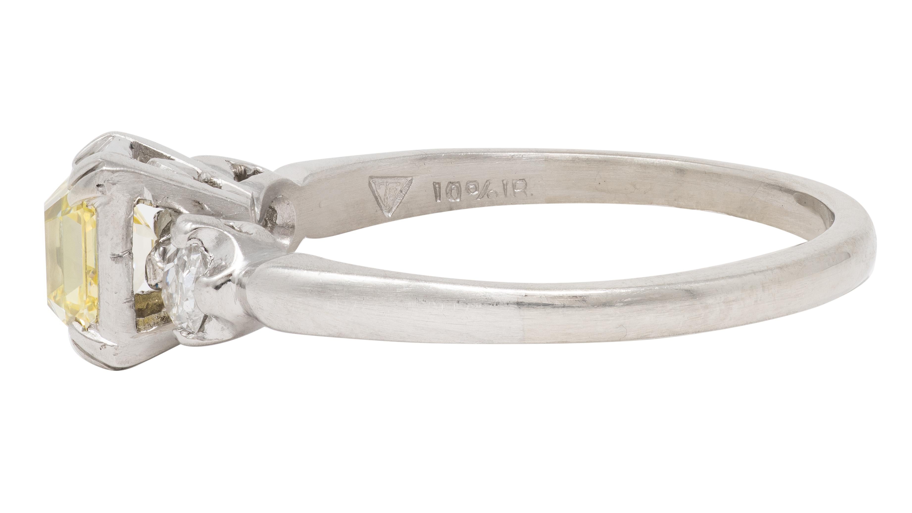 1950's 0.95 CTW Fancy Yellow Asscher Diamond Platinum Vintage Engagement Ring