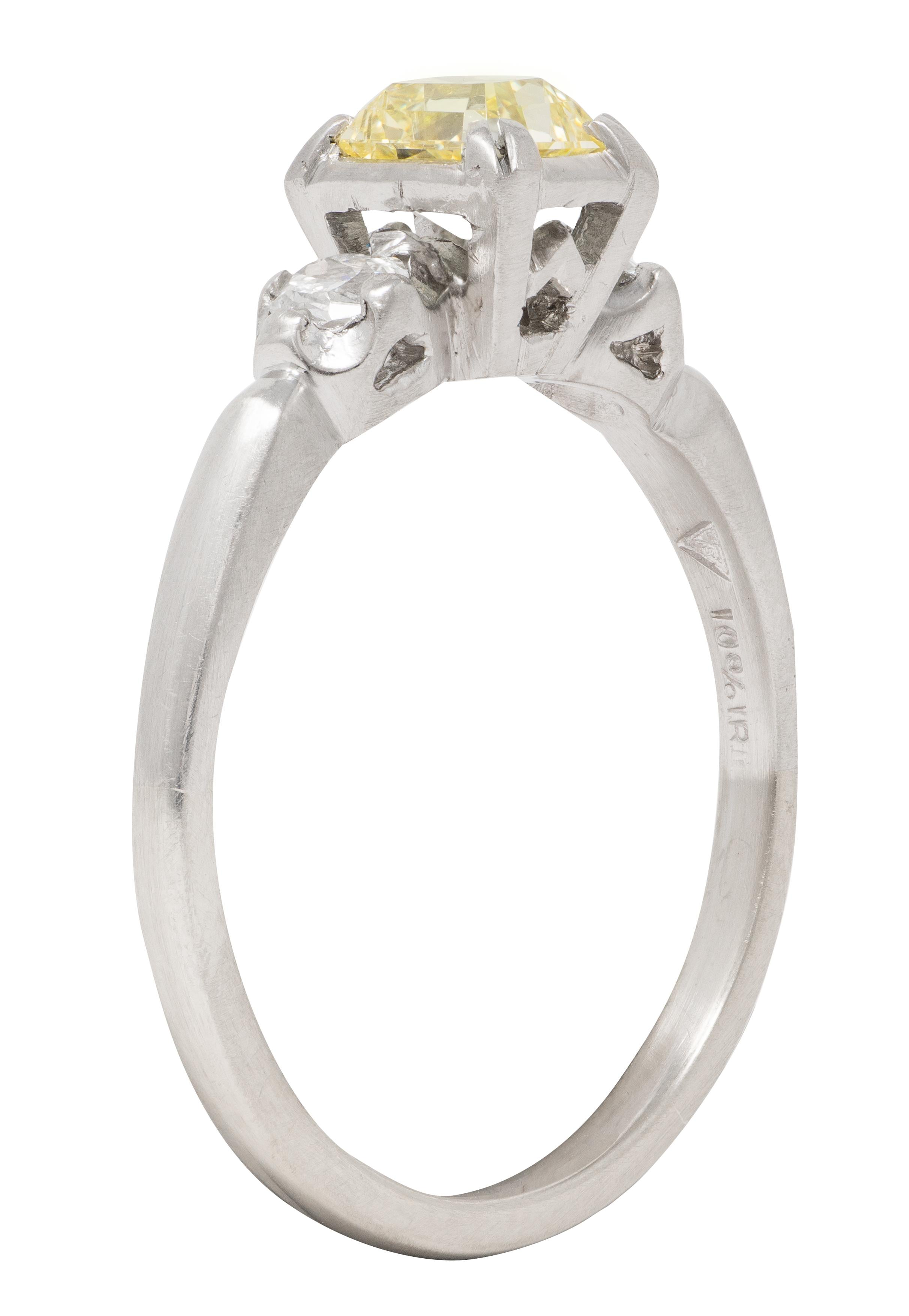 1950's 0.95 CTW Fancy Yellow Asscher Diamond Platinum Vintage Engagement Ring