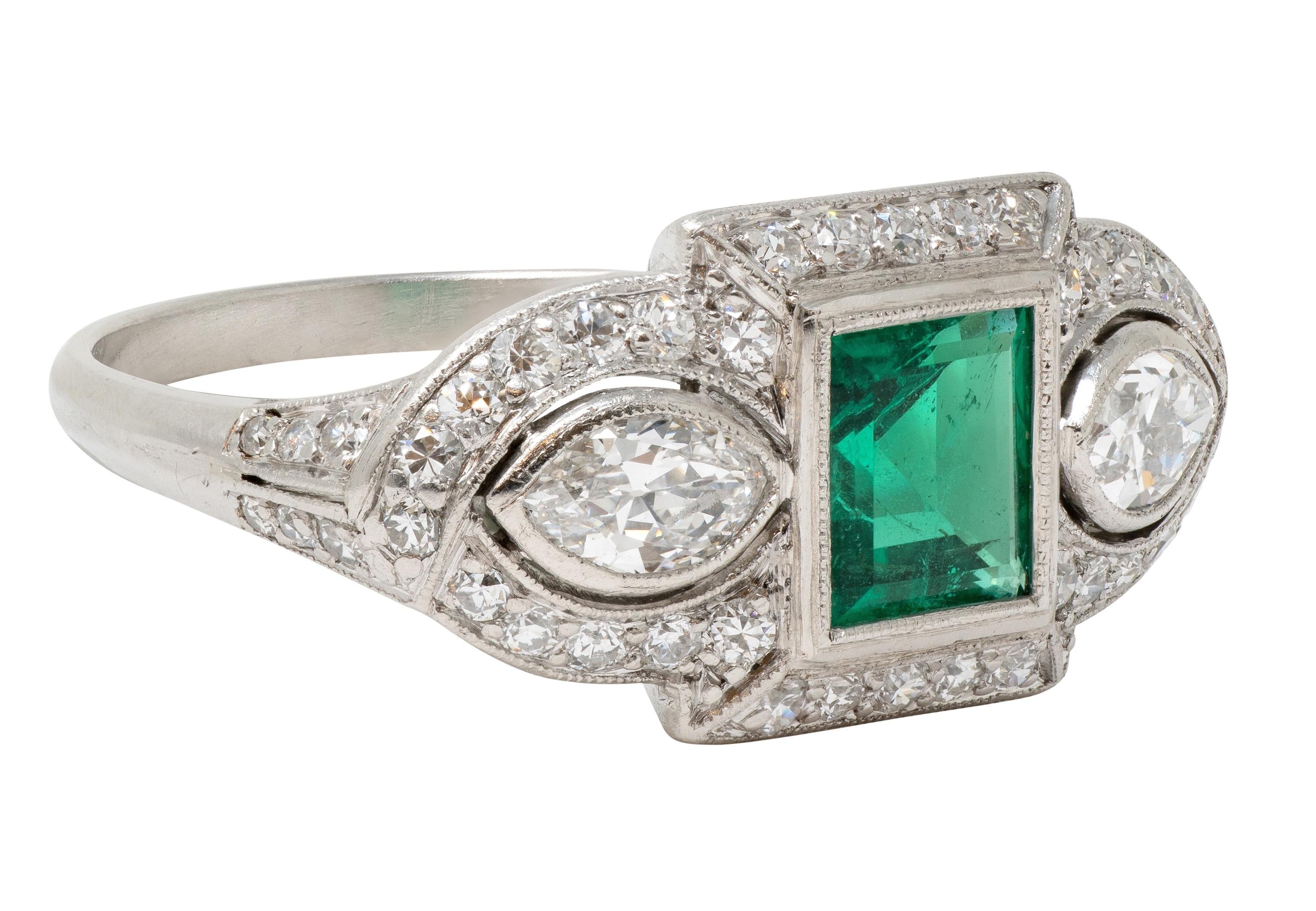Art Deco 2.25 CTW Emerald Diamond Platinum Vintage Scrolling Halo Ring