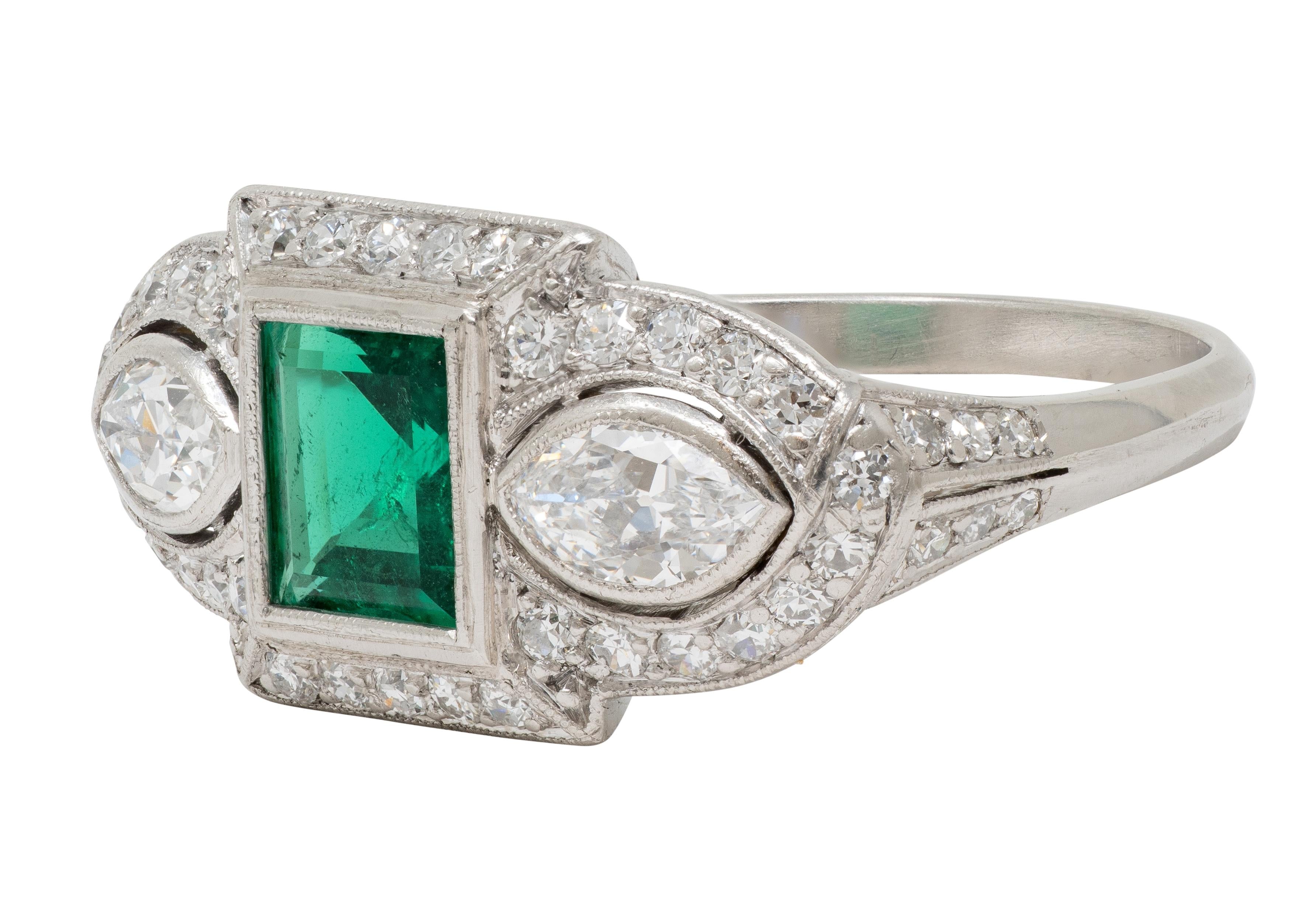 Art Deco 2.25 CTW Emerald Diamond Platinum Vintage Scrolling Halo Ring