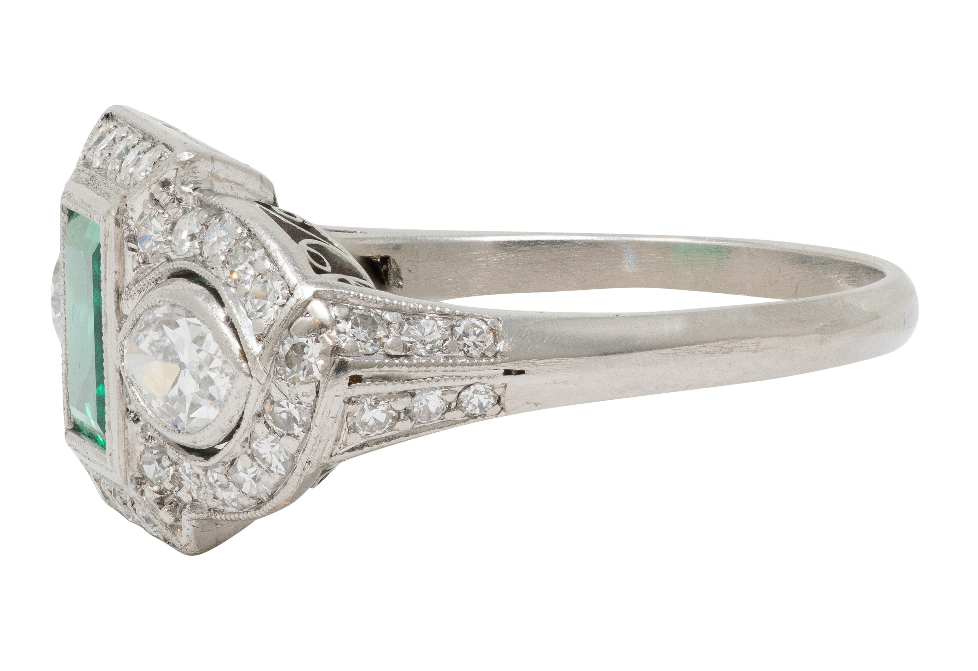Art Deco 2.25 CTW Emerald Diamond Platinum Vintage Scrolling Halo Ring