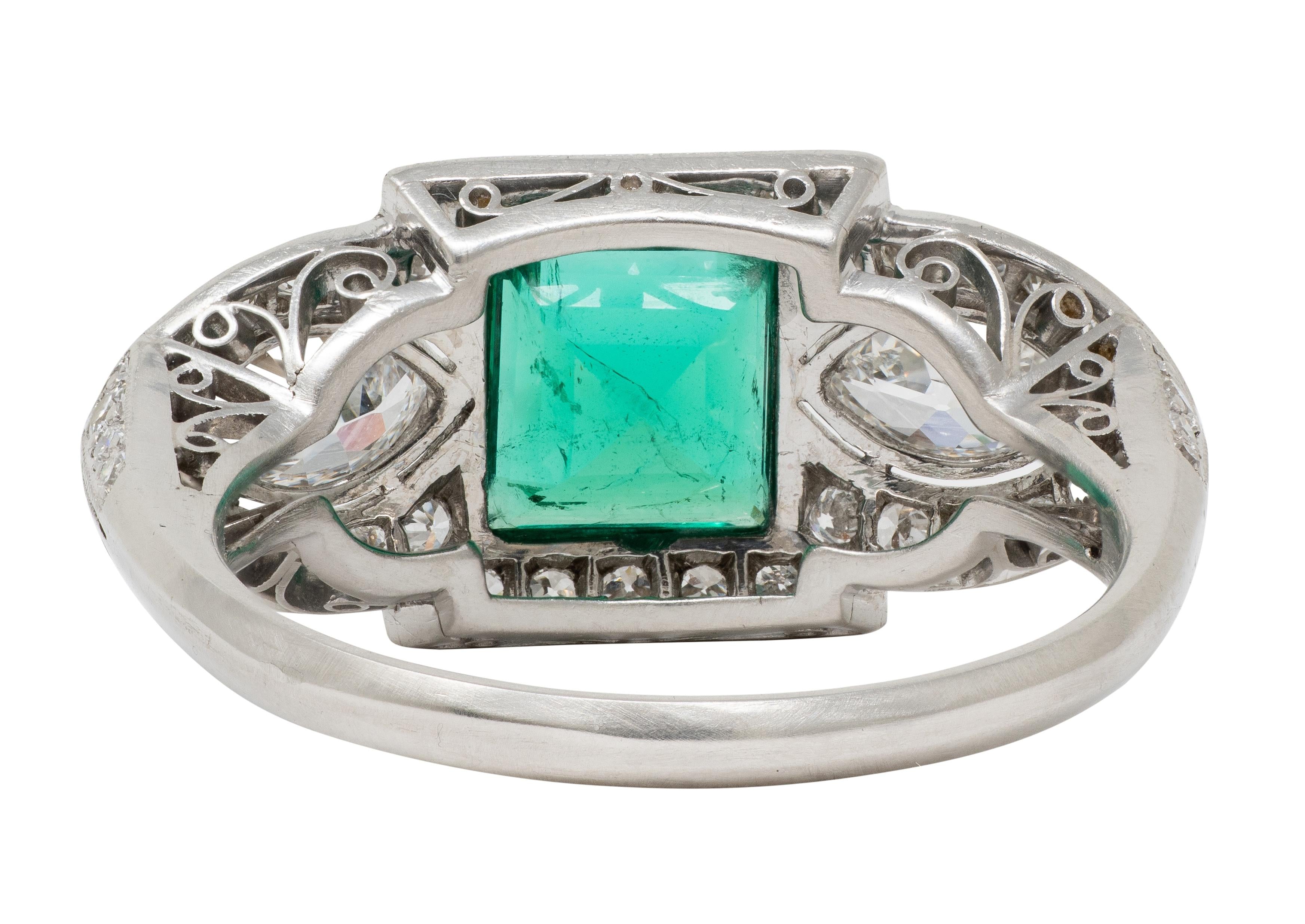 Art Deco 2.25 CTW Emerald Diamond Platinum Vintage Scrolling Halo Ring