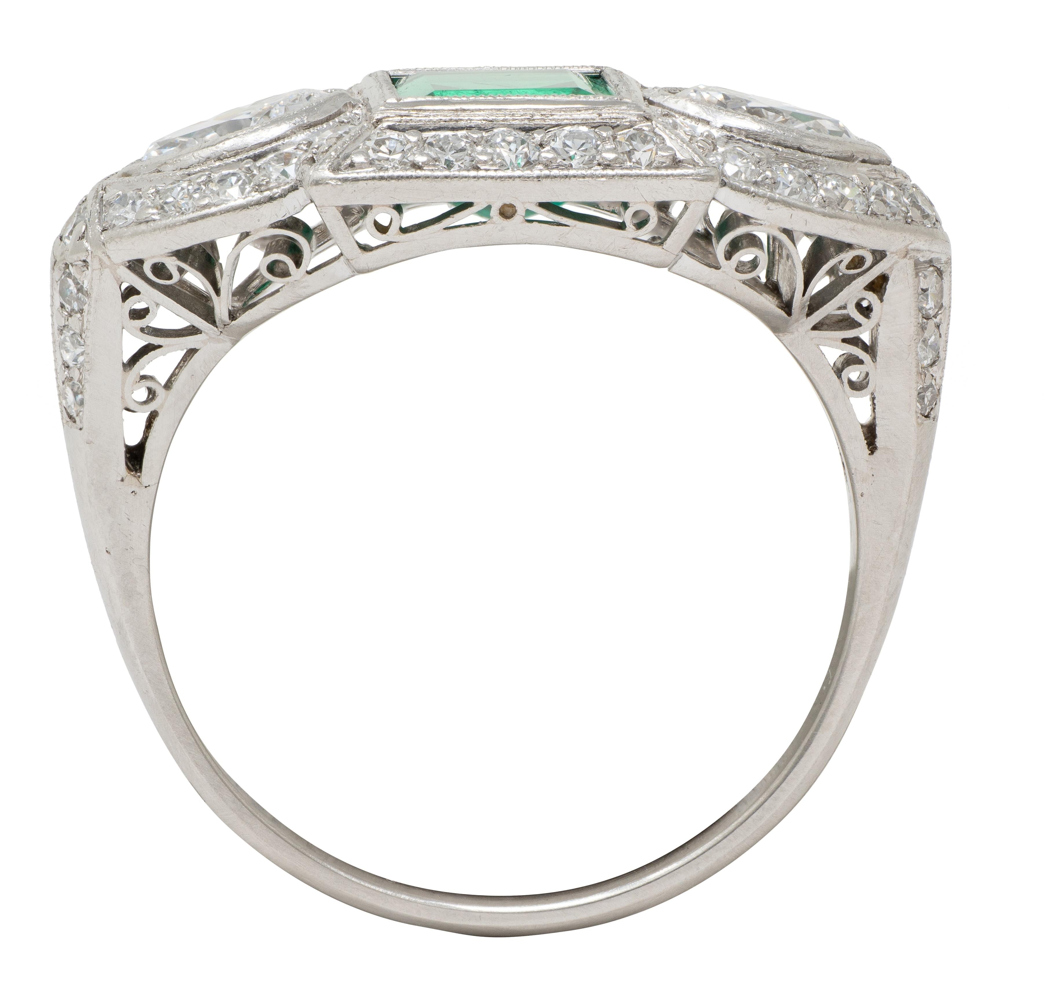 Art Deco 2.25 CTW Emerald Diamond Platinum Vintage Scrolling Halo Ring