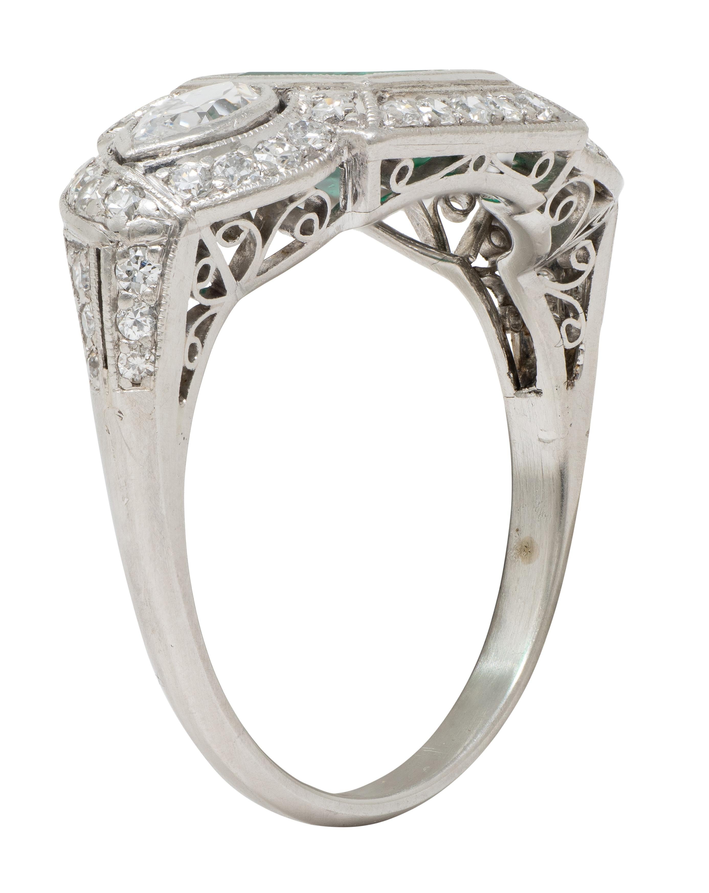 Art Deco 2.25 CTW Emerald Diamond Platinum Vintage Scrolling Halo Ring
