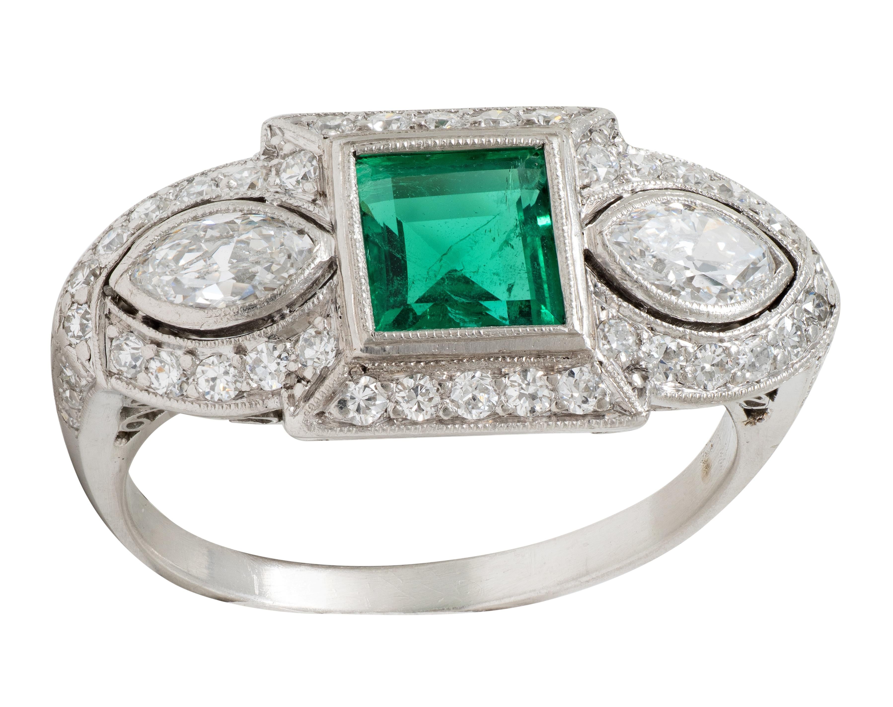 Art Deco 2.25 CTW Emerald Diamond Platinum Vintage Scrolling Halo Ring