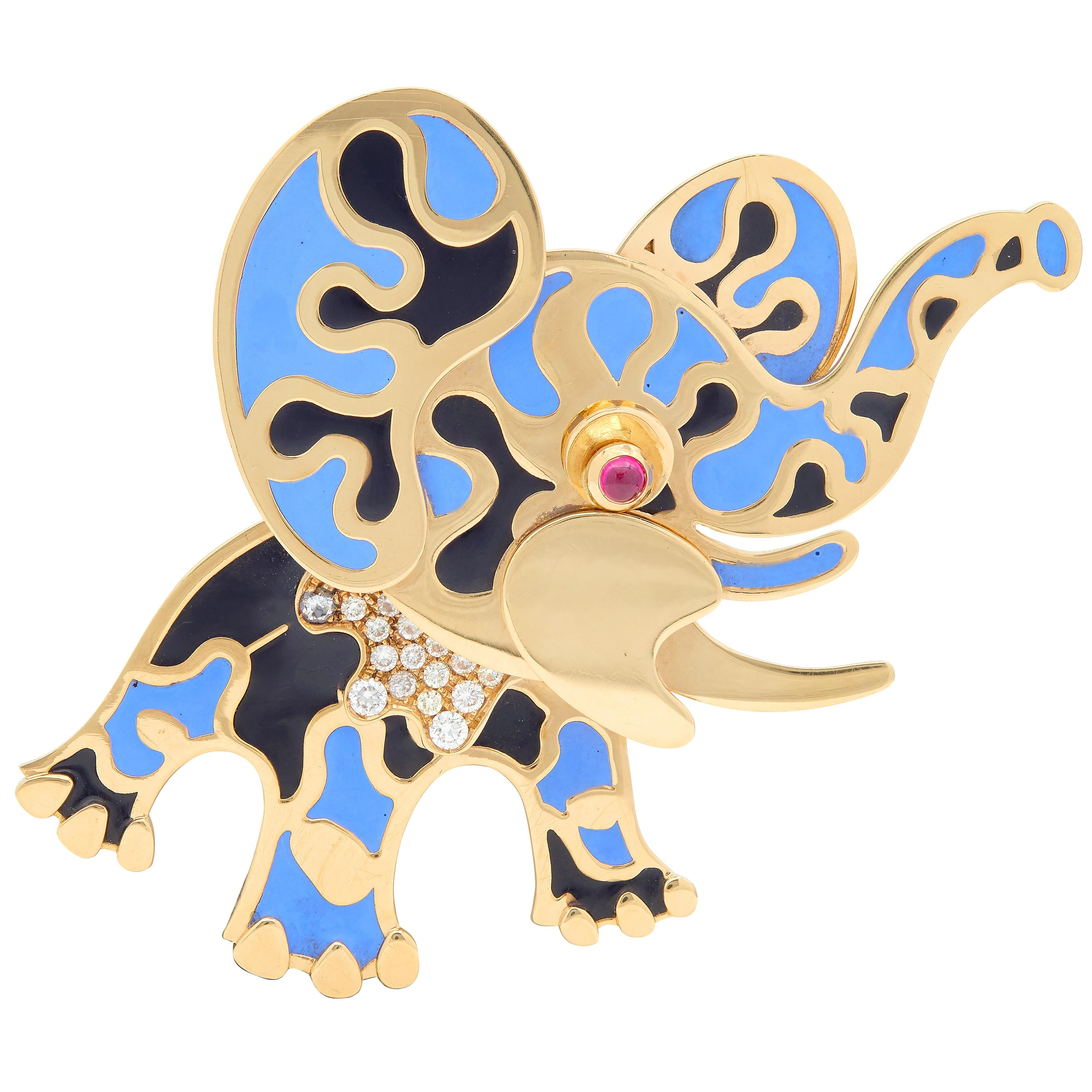 Bulgari 1980's Ruby Diamond Enamel 18 Karat Yellow Gold Vintage Elephant Brooch