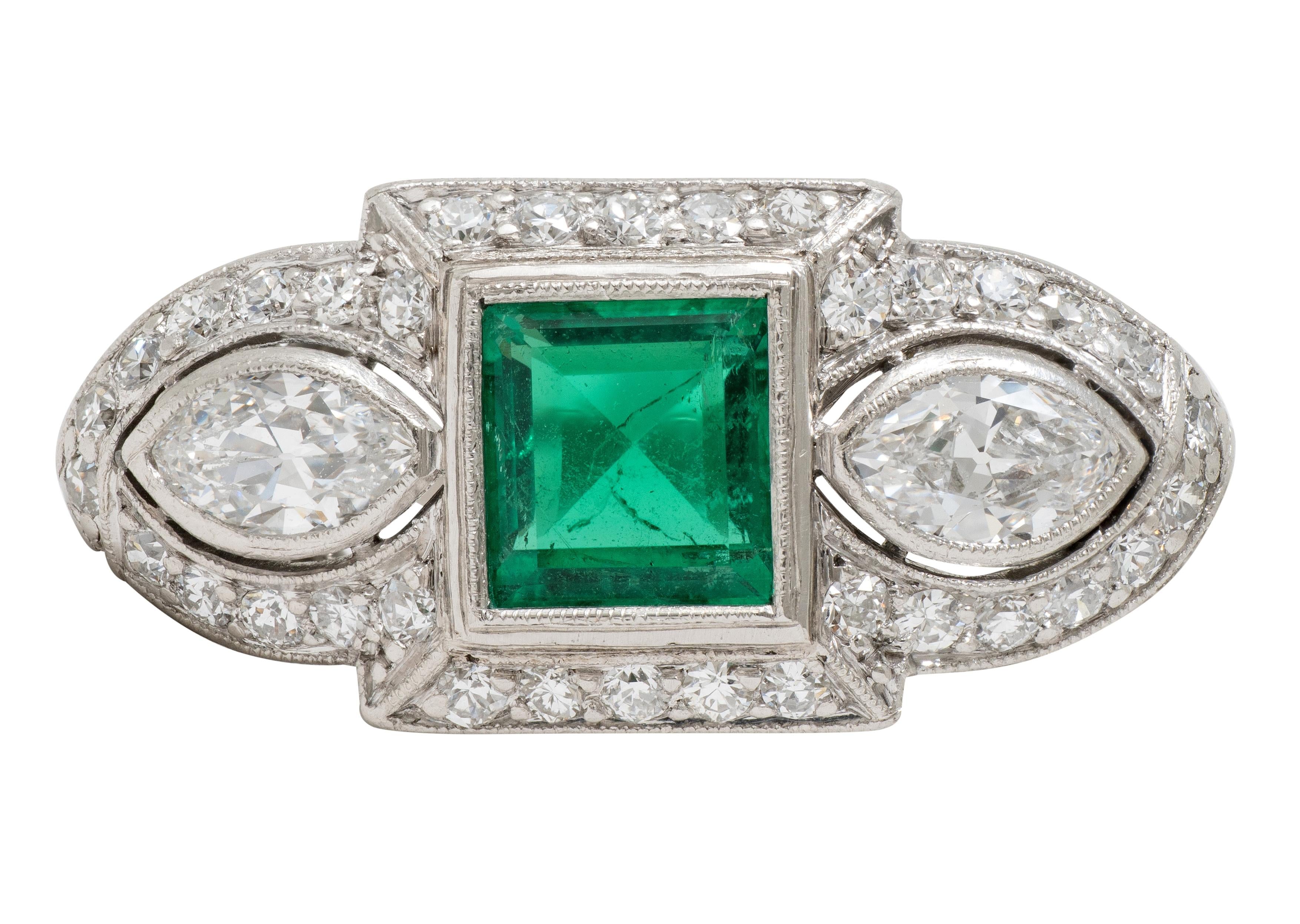 Art Deco 2.25 CTW Emerald Diamond Platinum Vintage Scrolling Halo Ring