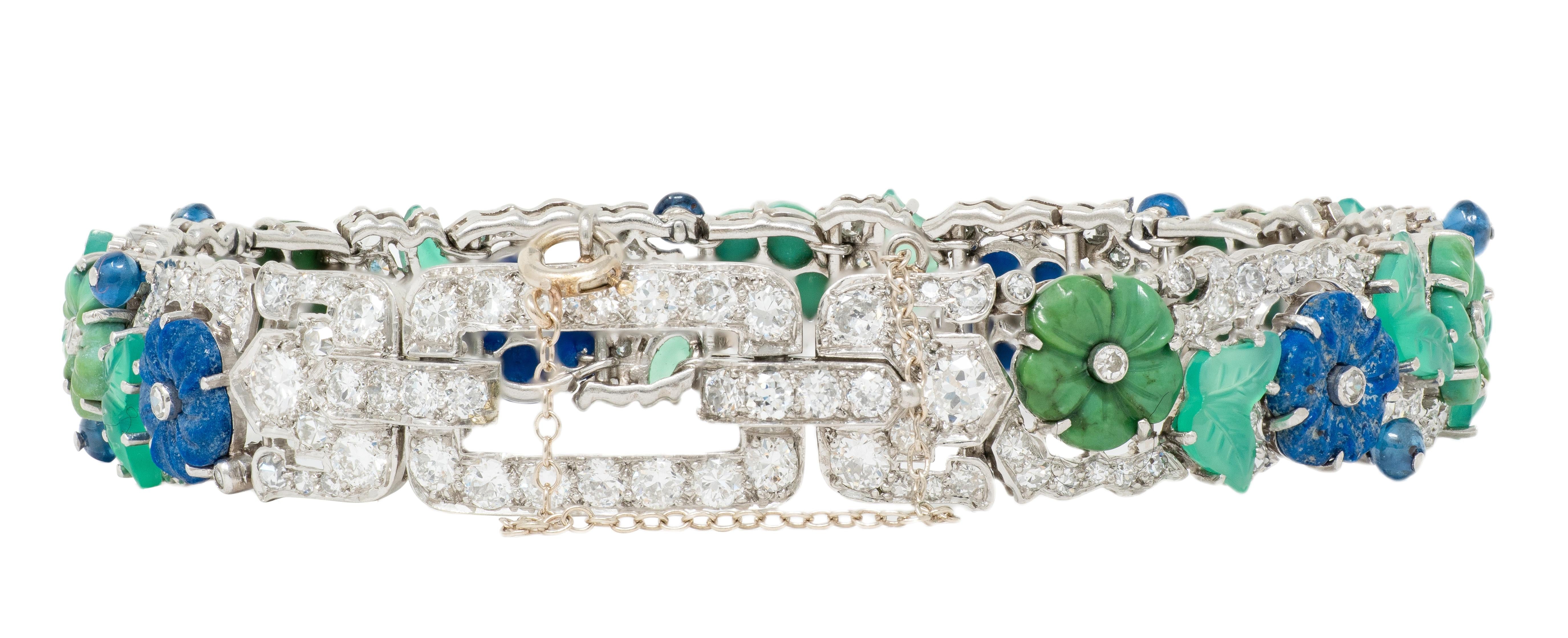 Art Deco Diamond Multi-Gem Turquoise Platinum Vintage Floral Buckle Bracelet