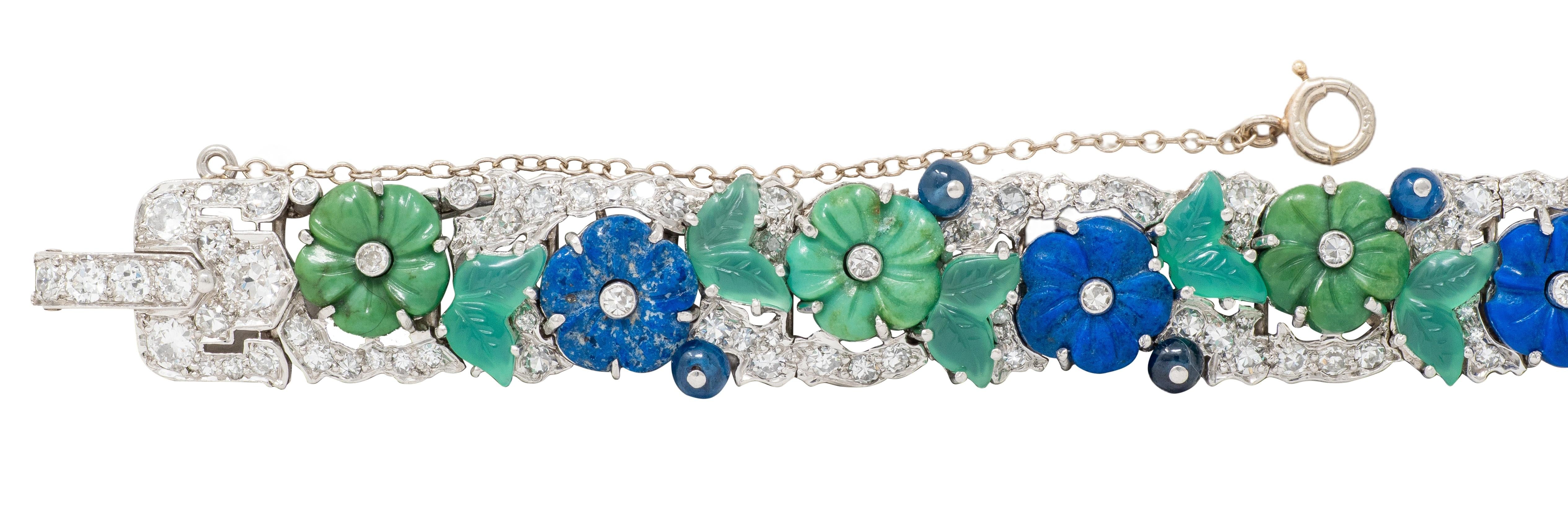 Art Deco Diamond Multi-Gem Turquoise Platinum Vintage Floral Buckle Bracelet