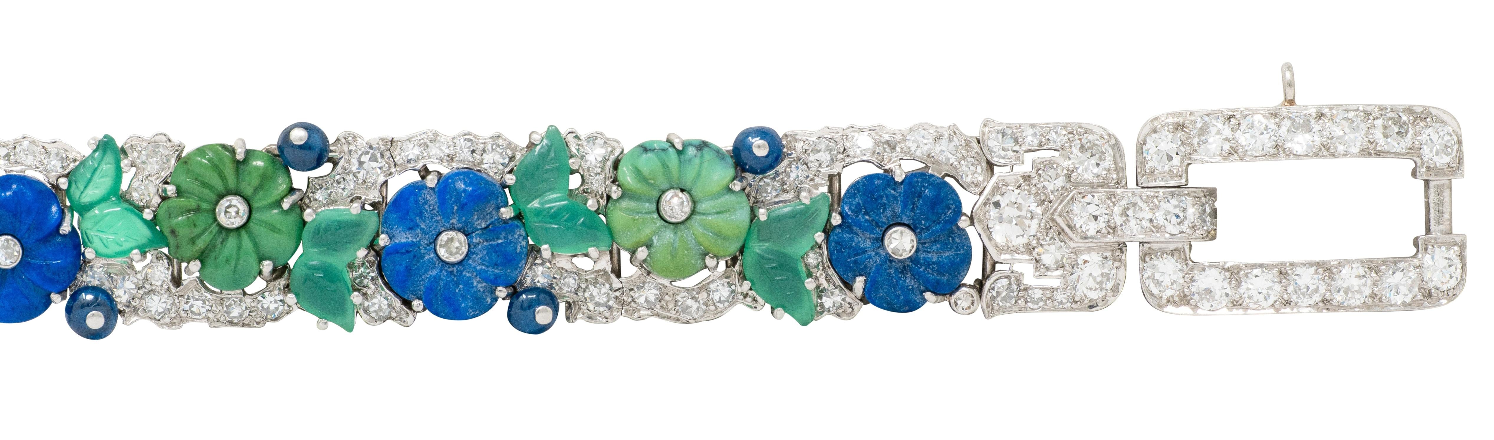 Art Deco Diamond Multi-Gem Turquoise Platinum Vintage Floral Buckle Bracelet
