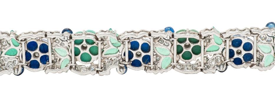 Art Deco Diamond Multi-Gem Turquoise Platinum Vintage Floral Buckle Bracelet