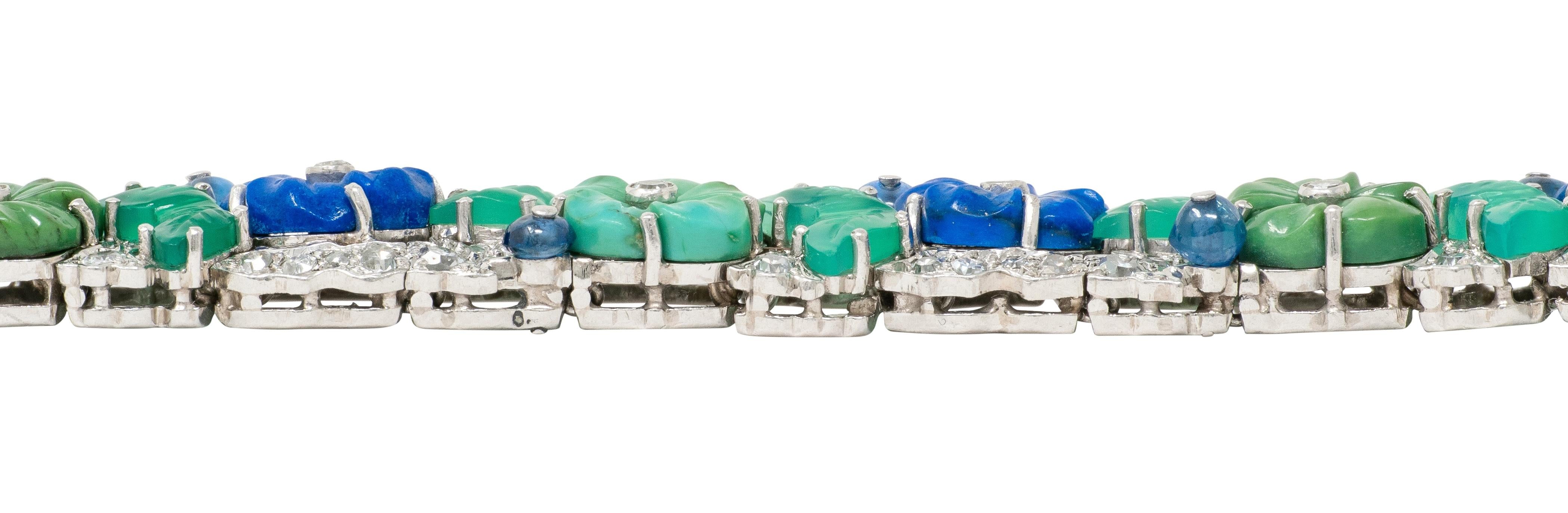Art Deco Diamond Multi-Gem Turquoise Platinum Vintage Floral Buckle Bracelet
