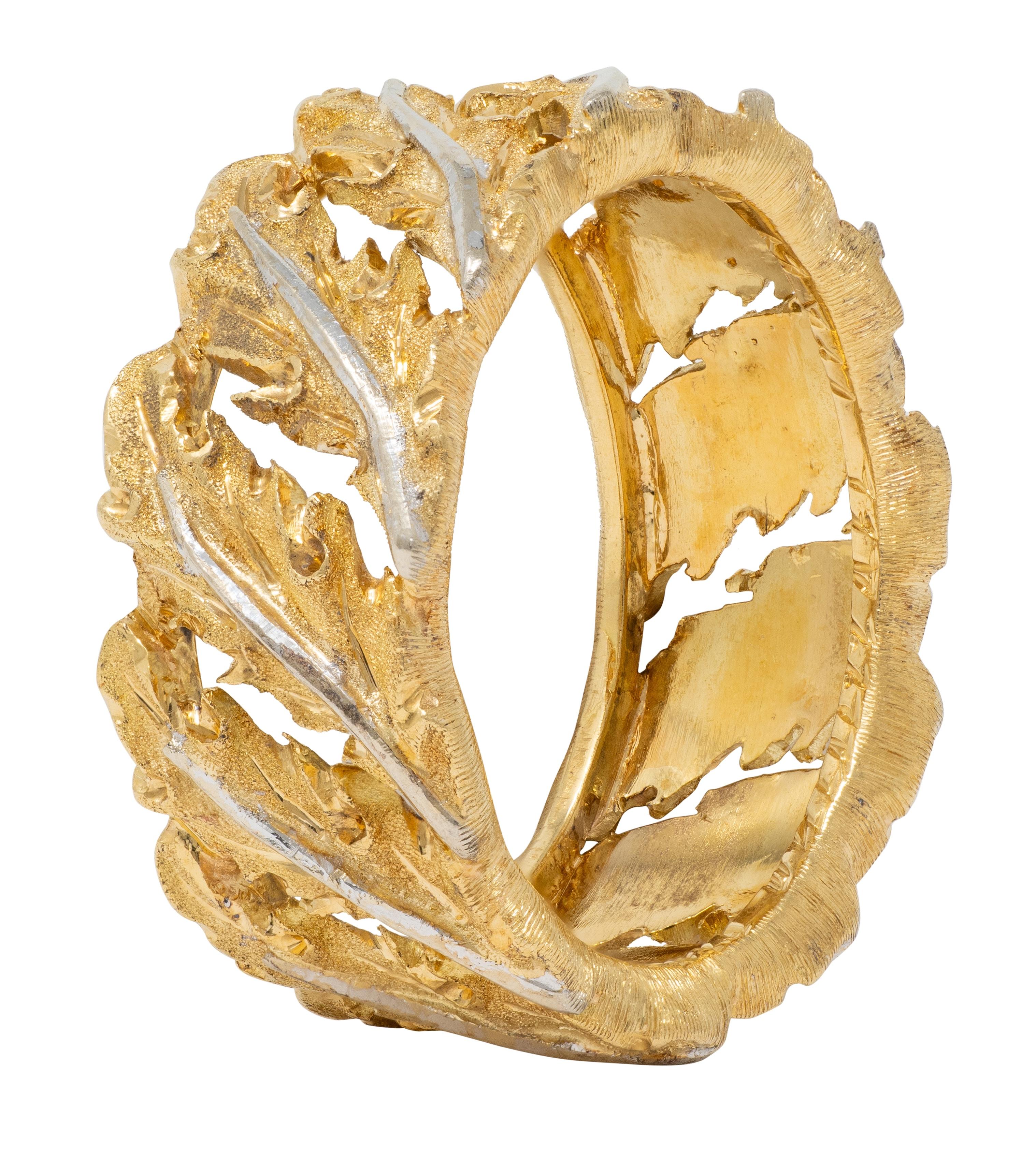Buccellati 1970's 18 Karat Two-Tone Yellow White Gold Vintage Leaf Ring