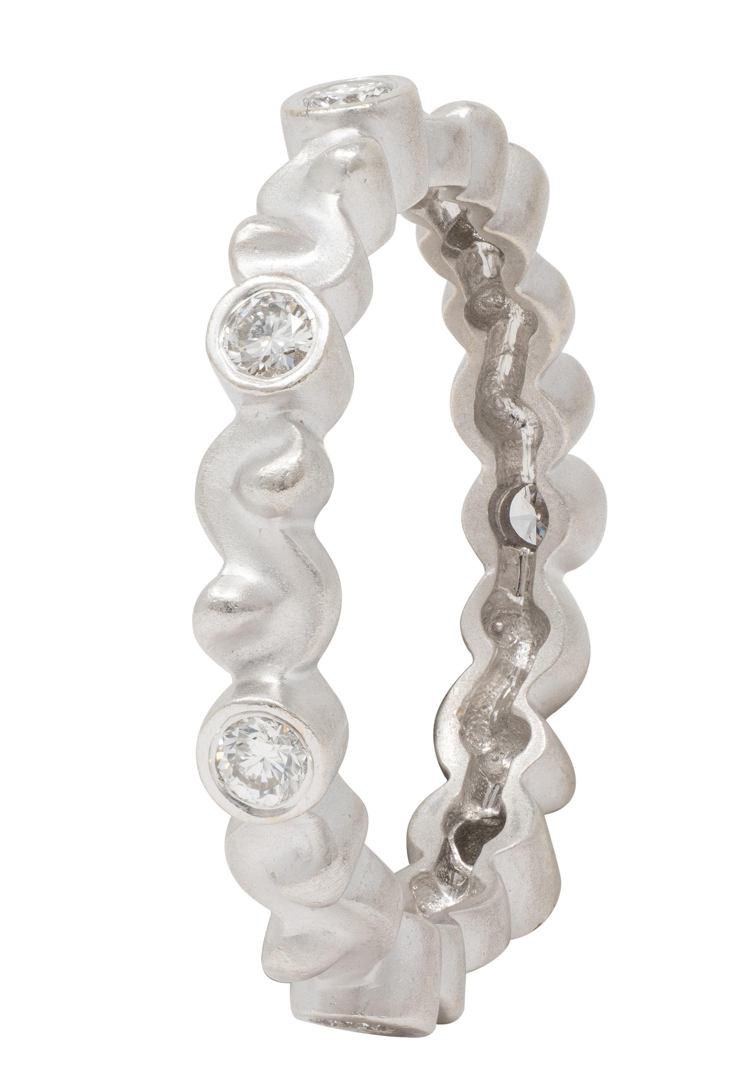 1990's Diamond 14 Karat White Gold Vintage Scrolling Bezel Band Ring