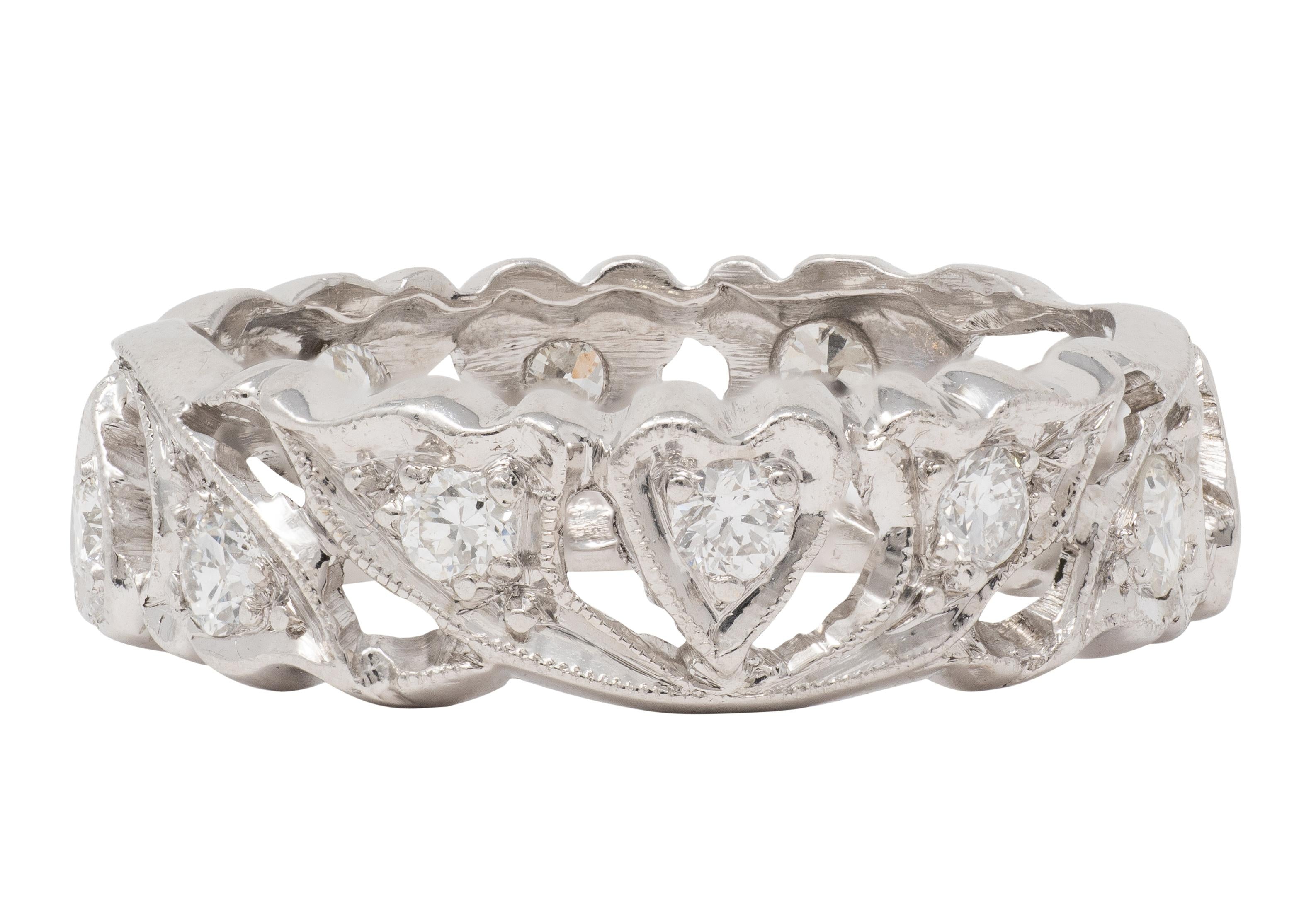 Retro Diamond Platinum Vintage Heart Vine Band Ring