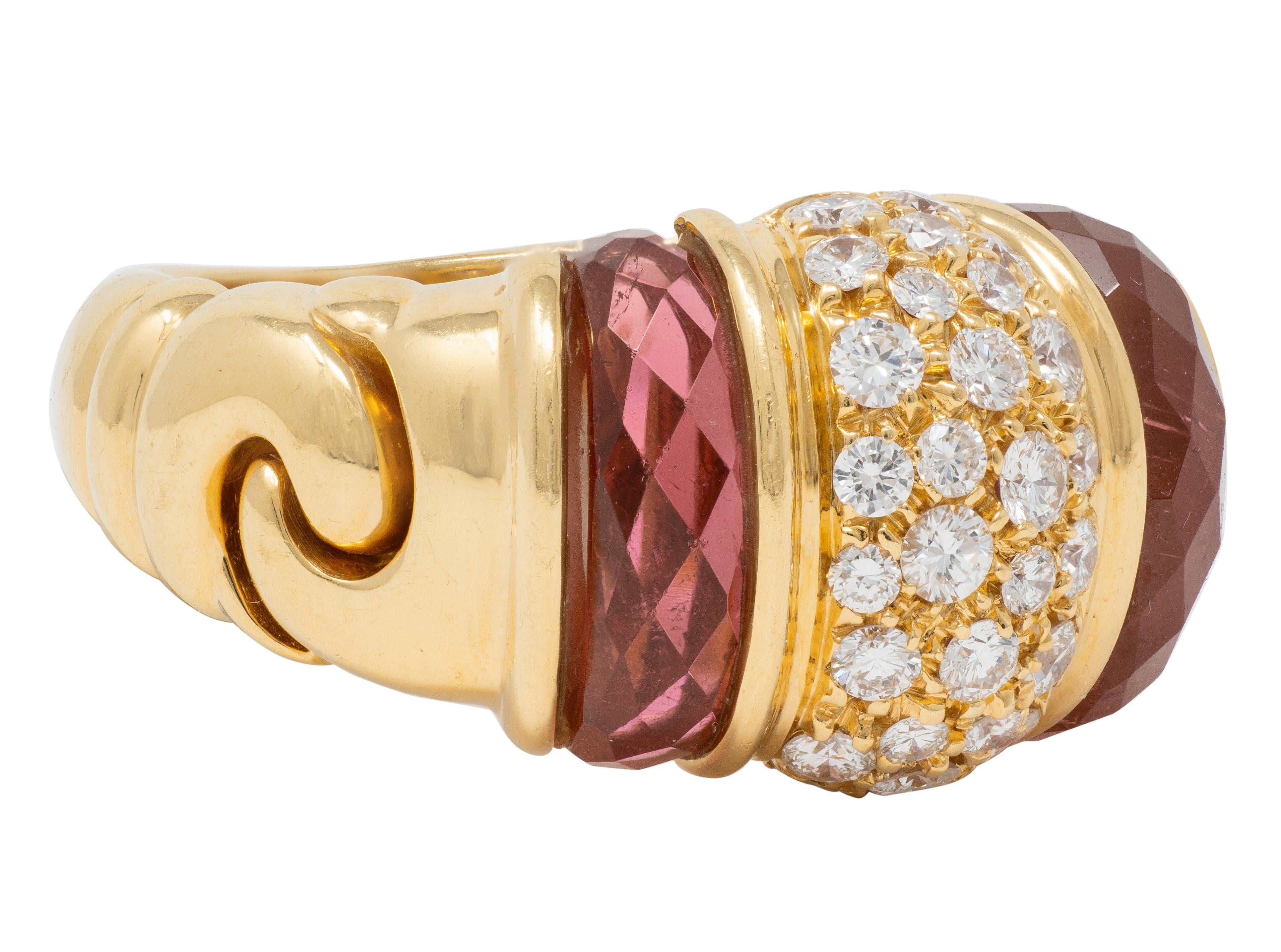 Bulgari 1990's Diamond Tourmaline 18 Karat Yellow Gold Vintage Passo Doppio Ring