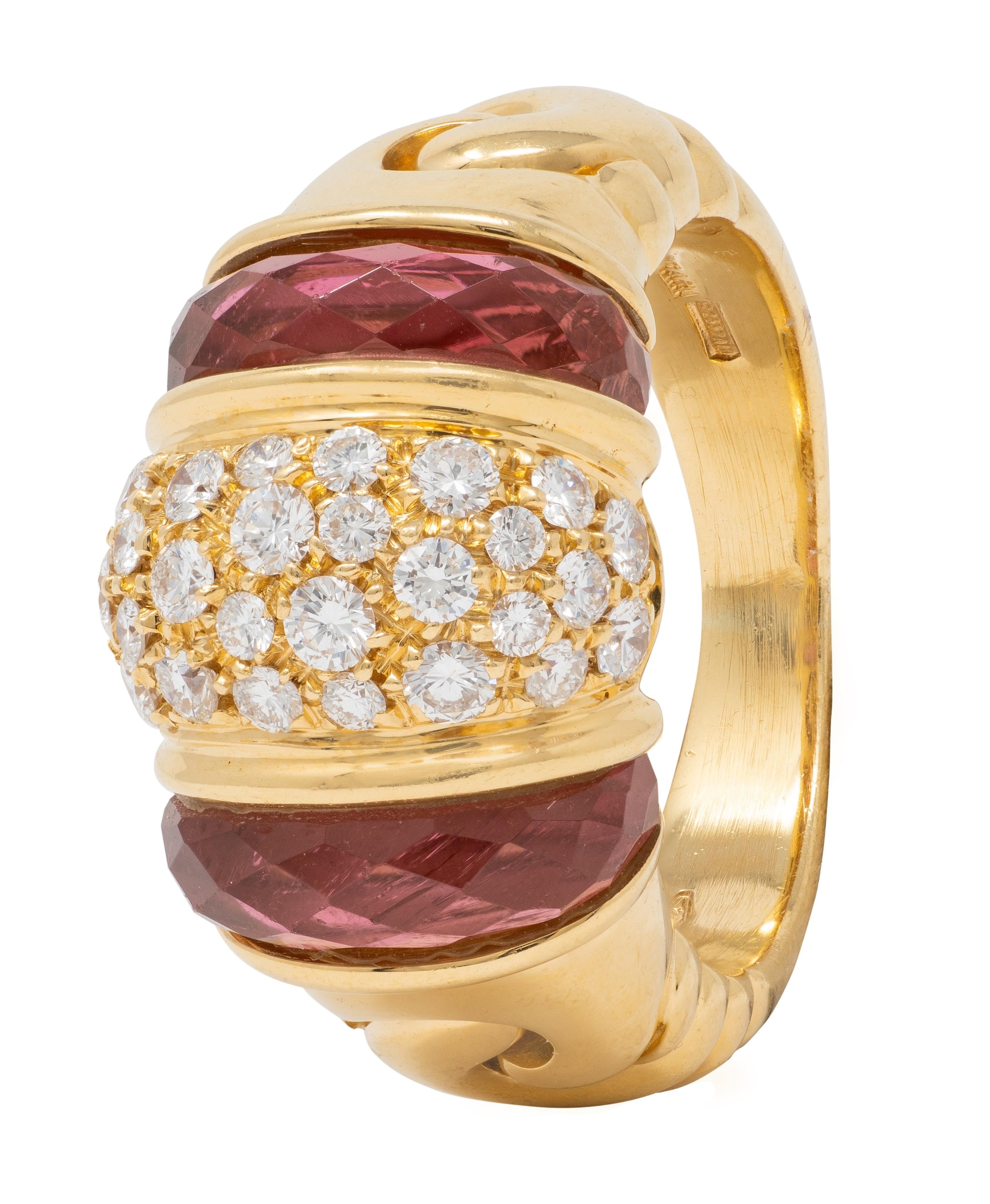 Bulgari 1990's Diamond Tourmaline 18 Karat Yellow Gold Vintage Passo Doppio Ring