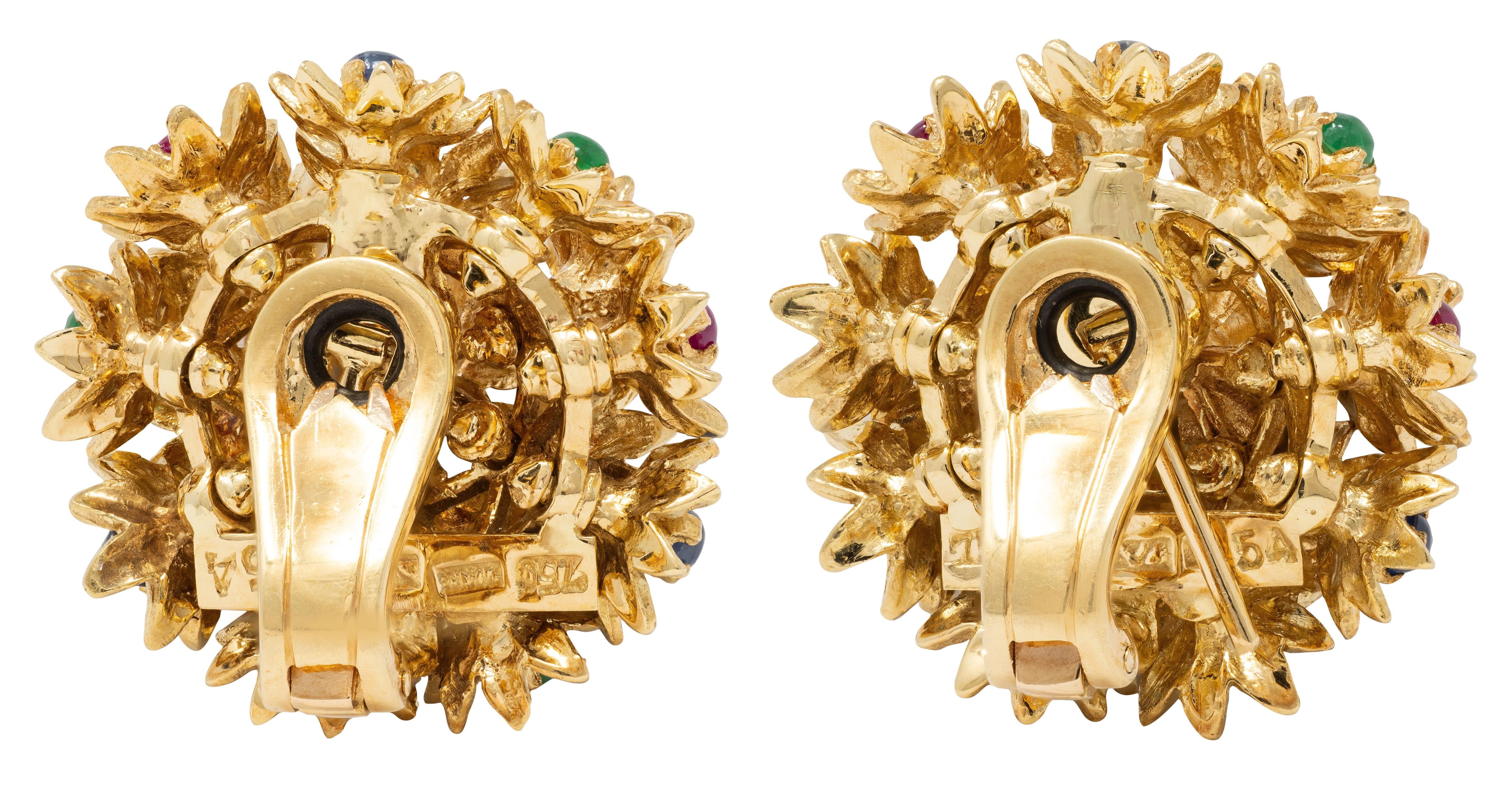 1960's Multi-Gem Diamond 18K Gold Vintage En Tremblant Flower Cluster Earrings