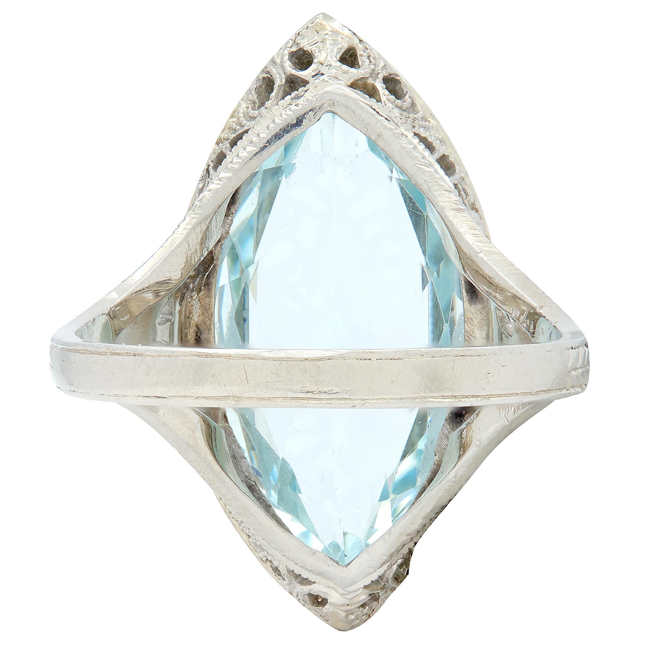 Art Deco Aquamarine 18 Karat White Gold Vintage Heart Navette Dinner Ring