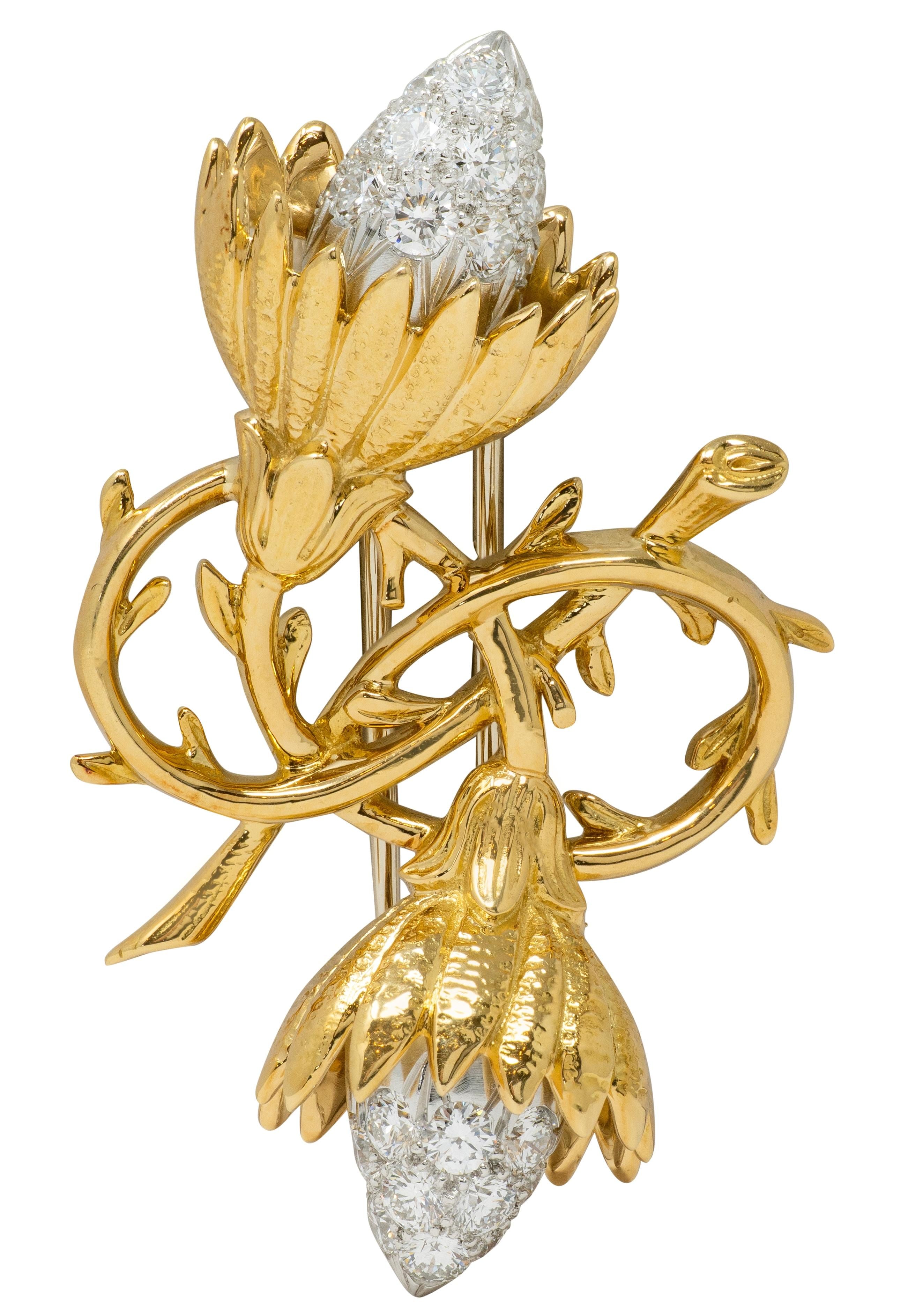 Schlumberger Tiffany & Co. 1970's Diamond Platinum 18 Karat Gold Thistle Brooch