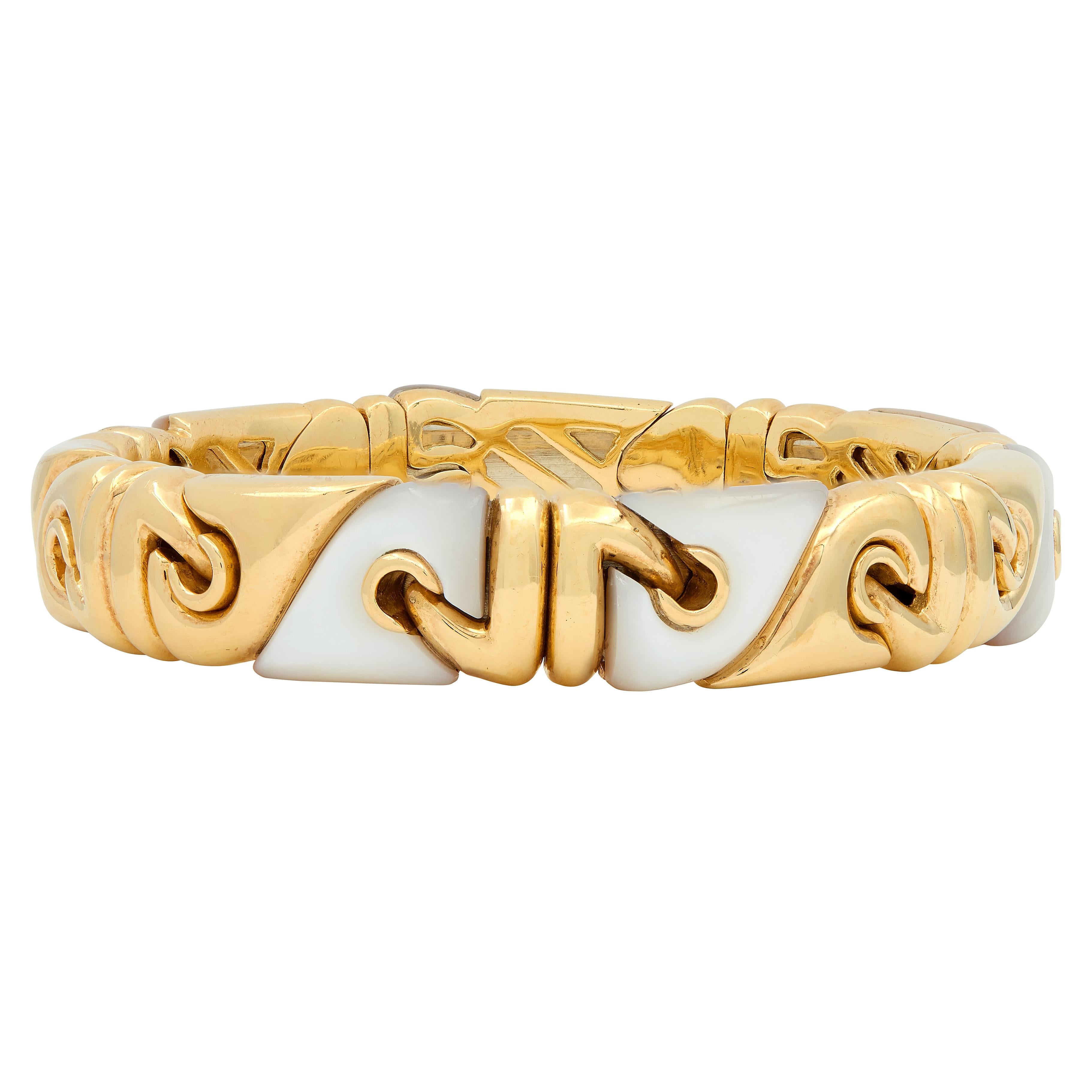Bulgari 1990's Mother-Of-Pearl 18K Gold Vintage Inlay Passo Doppio Cuff Bracelet