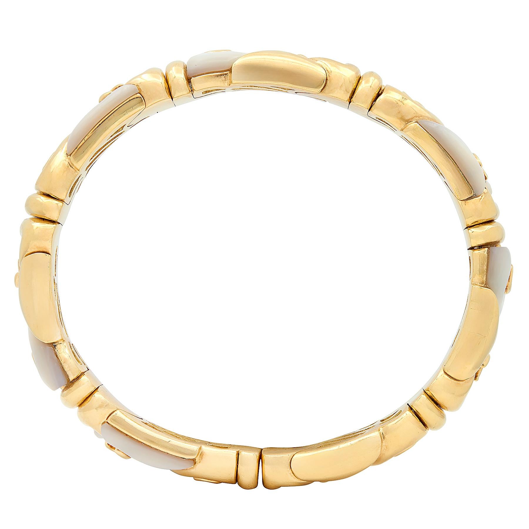 Bulgari 1990's Mother-Of-Pearl 18K Gold Vintage Inlay Passo Doppio Cuff Bracelet