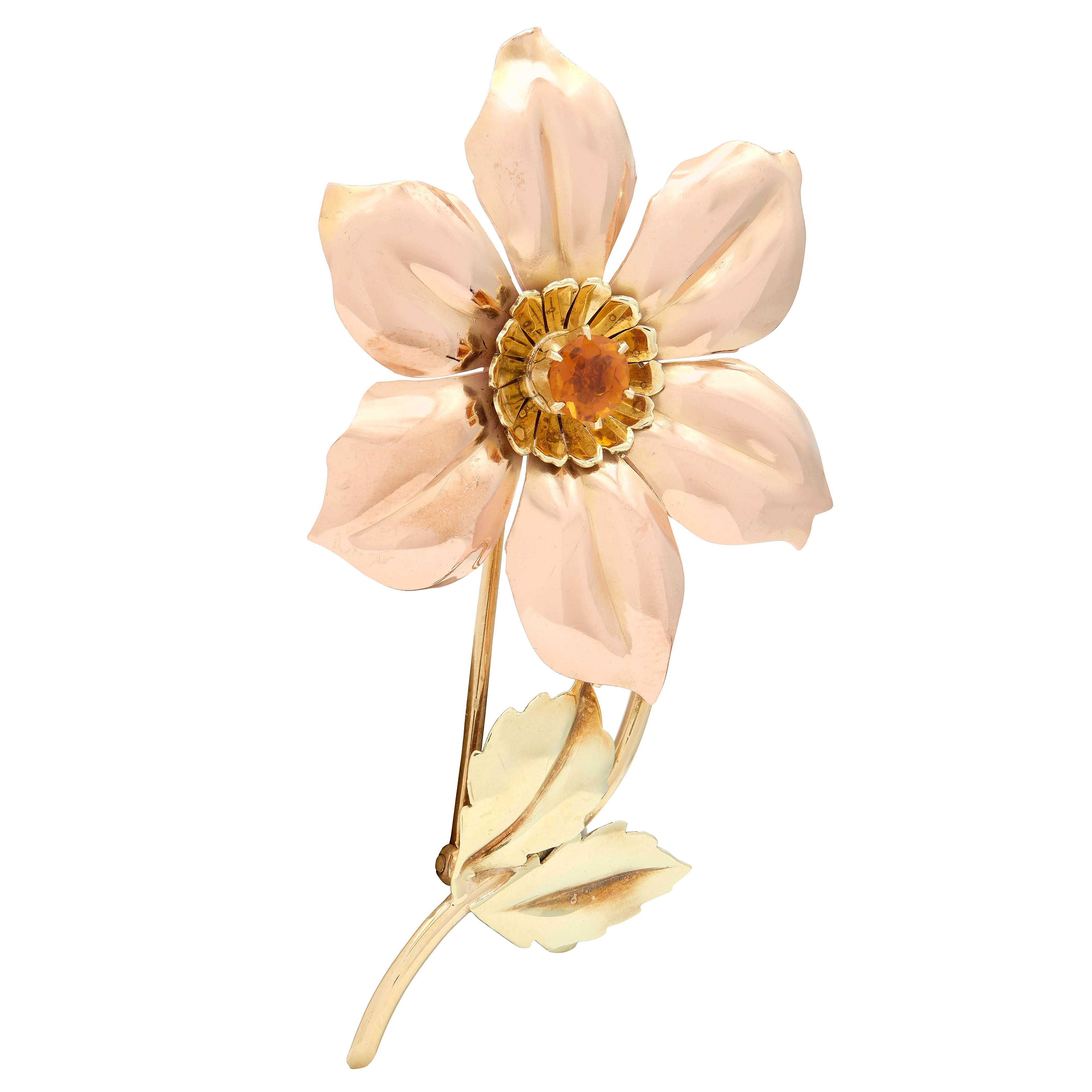 Tiffany & Co. Retro Citrine 14 Karat Two-Tone Gold Vintage Flower Brooch