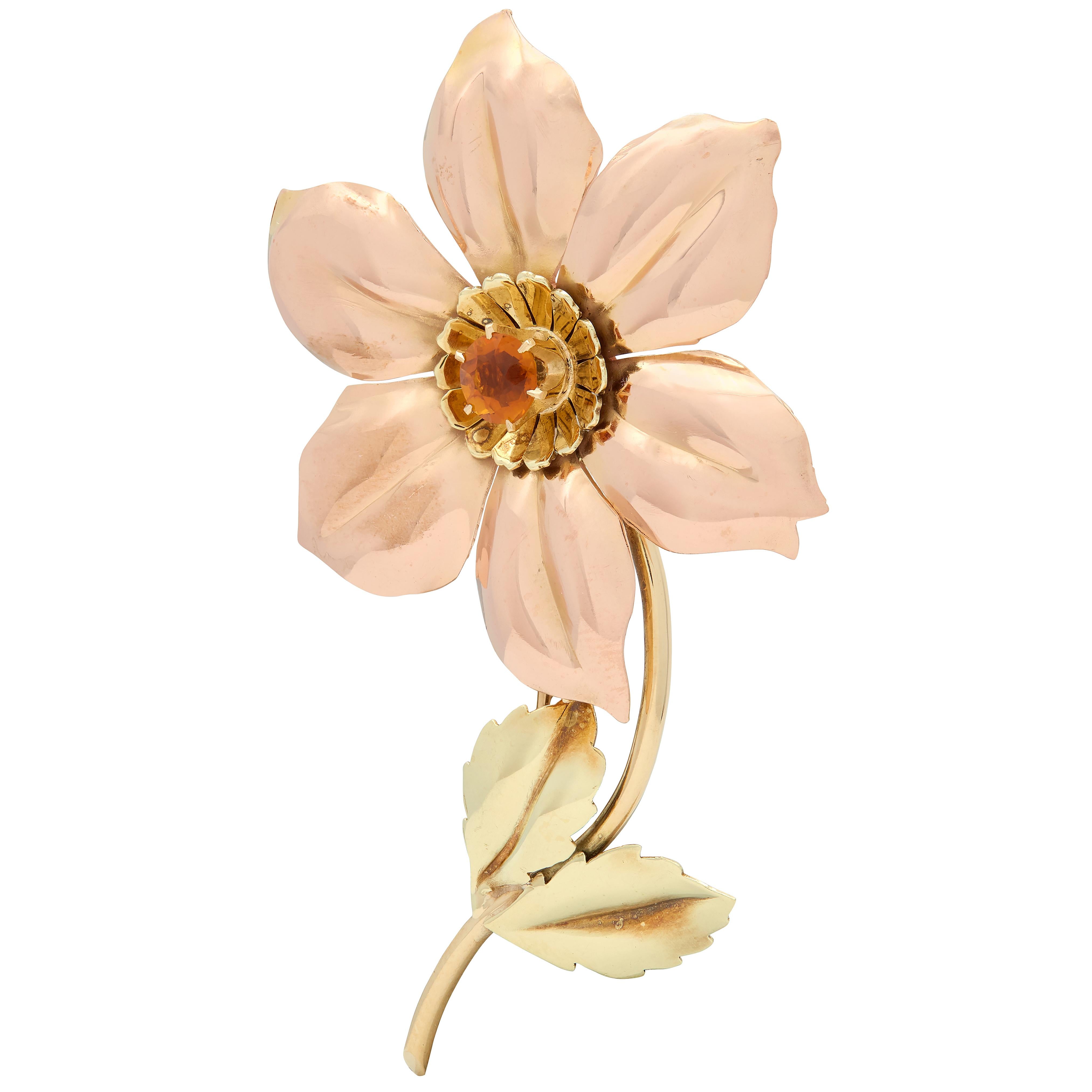 Tiffany & Co. Retro Citrine 14 Karat Two-Tone Gold Vintage Flower Brooch