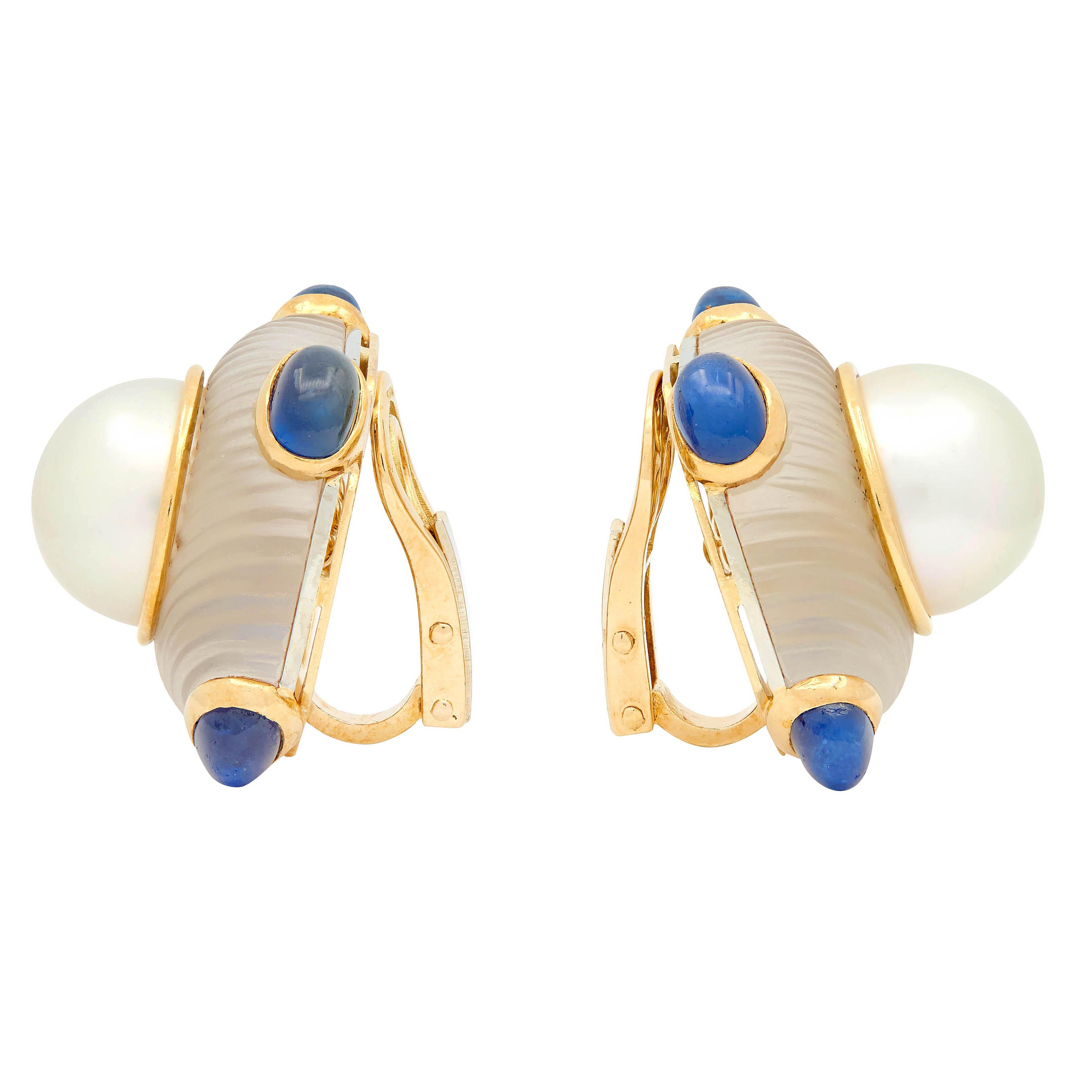 Bulgari 1980's Pearl Sapphire Quartz 18K Gold Vintage Ear-Clip Earrings