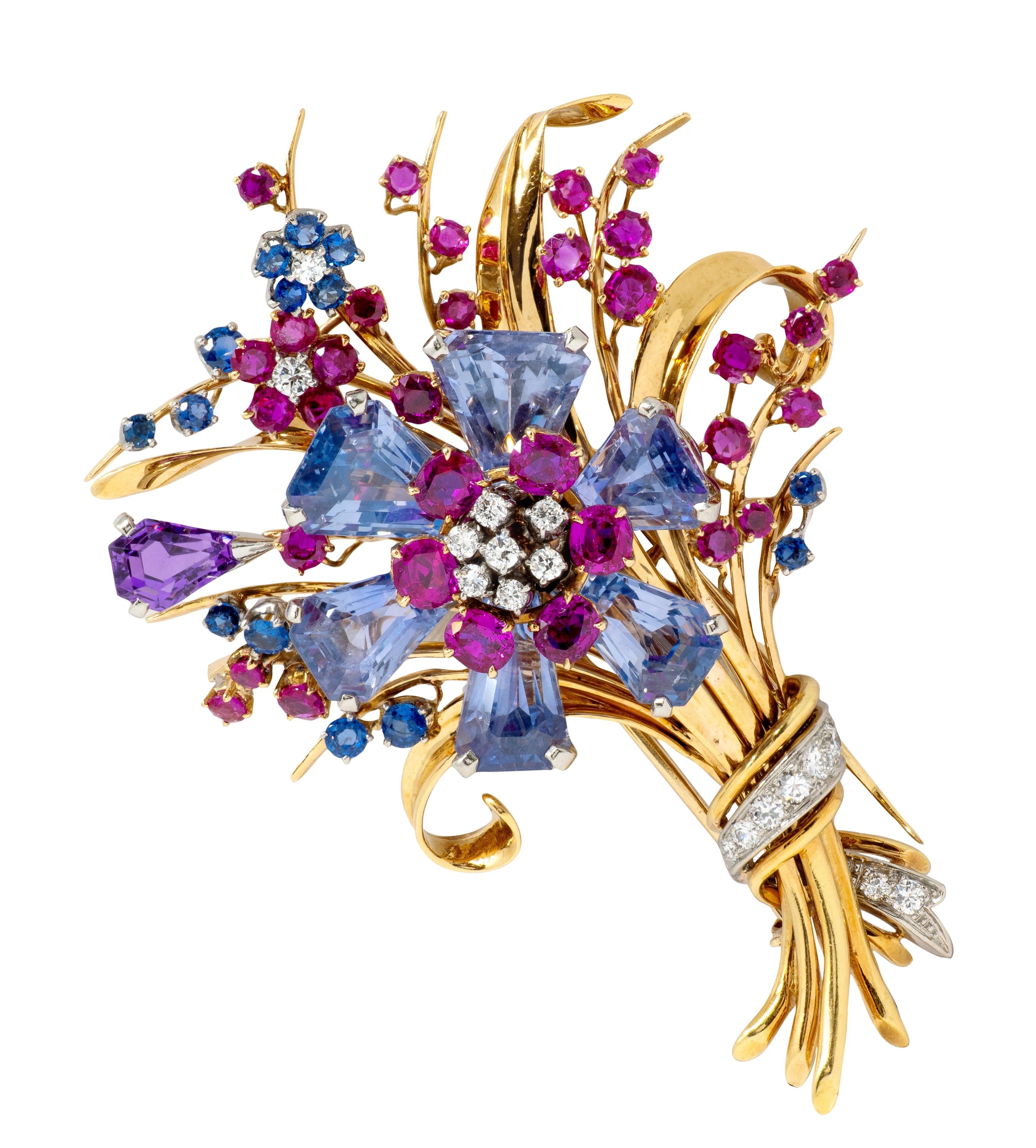 Tiffany & Co. Retro Sapphire Ruby Diamond 18K Gold Vintage Floral Spray Brooch