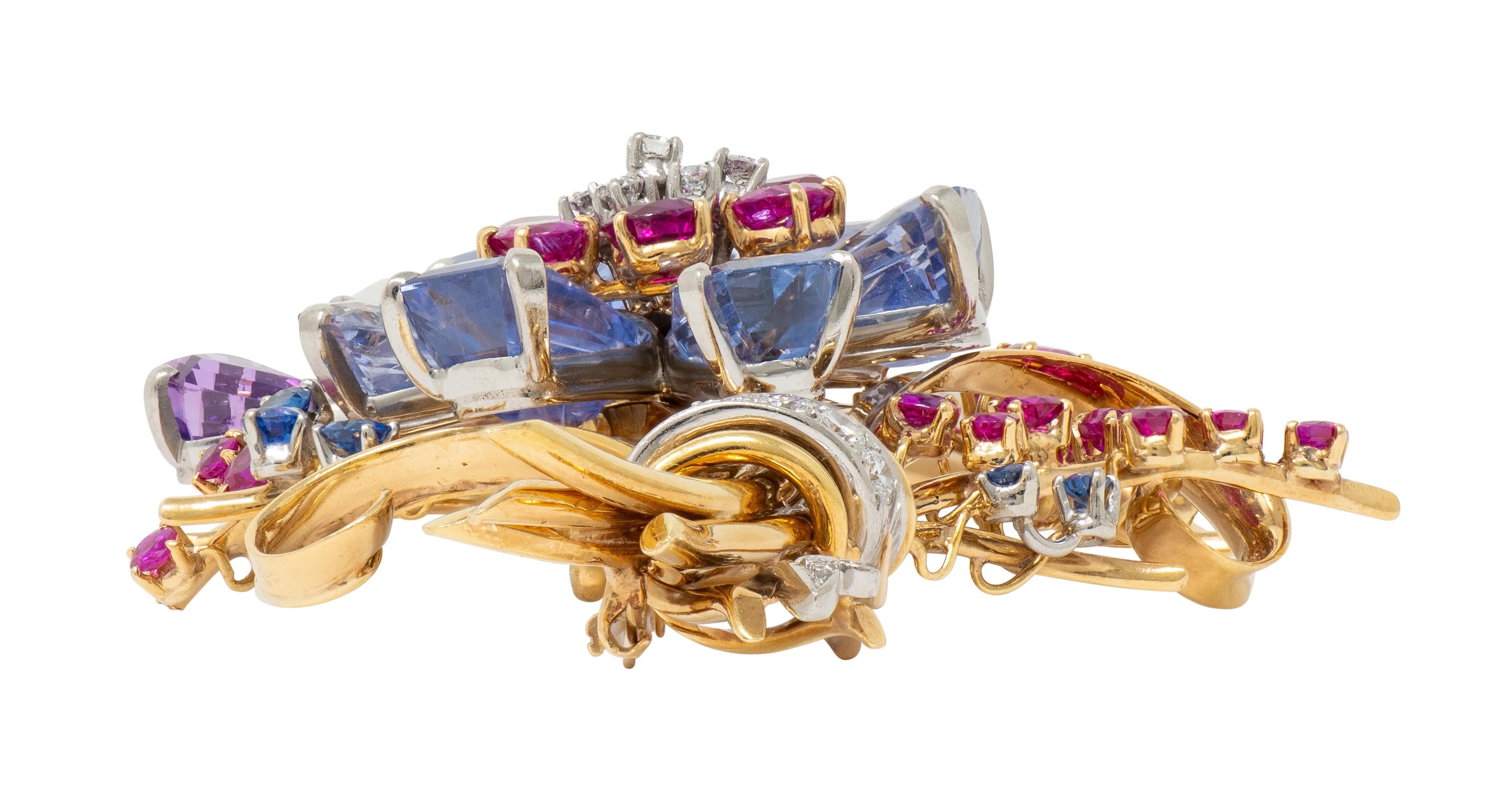 Tiffany & Co. Retro Sapphire Ruby Diamond 18K Gold Vintage Floral Spray Brooch