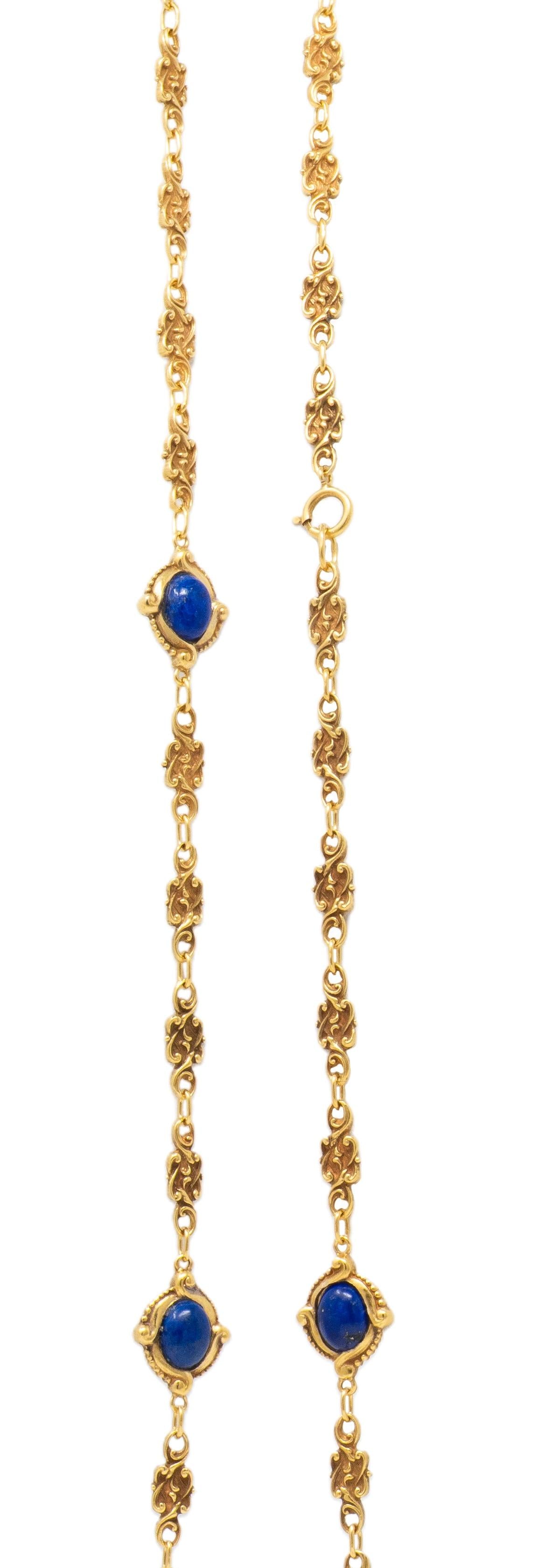 Victorian Lapis Lazuli 14 Karat Yellow Gold Fancy Link Antique Chain Necklace