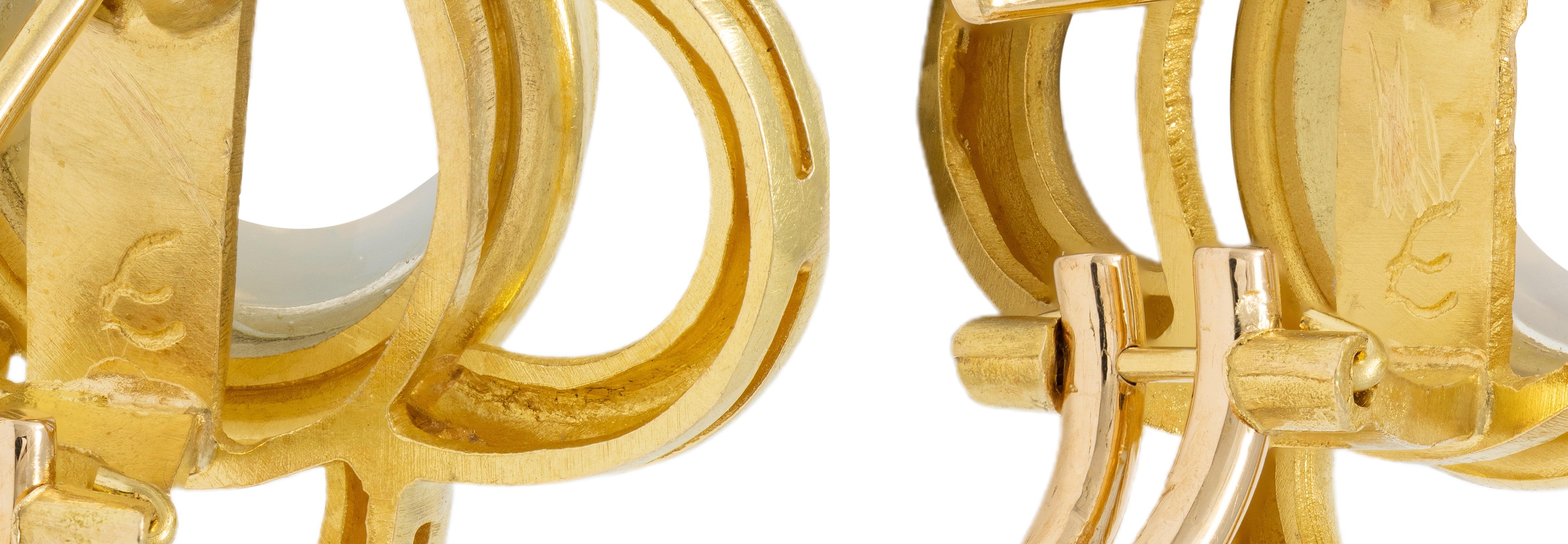 Elizabeth Locke Moonstone 18 Karat Yellow Gold Hammered Quatrefoil Earrings