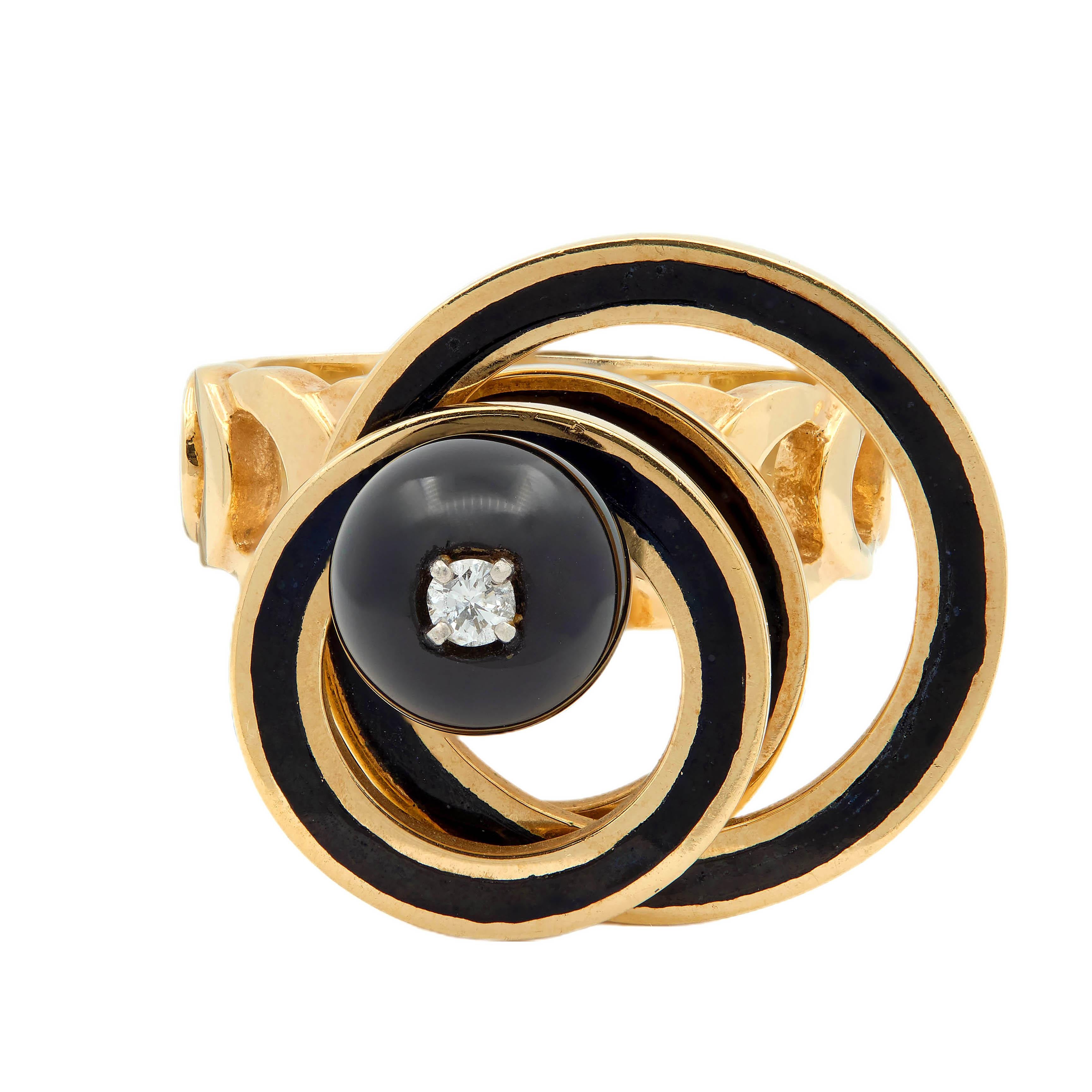 Norman Teufel Onyx Diamond 18K Gold Arch Vintage Kinetic Fidget Spinner Ring