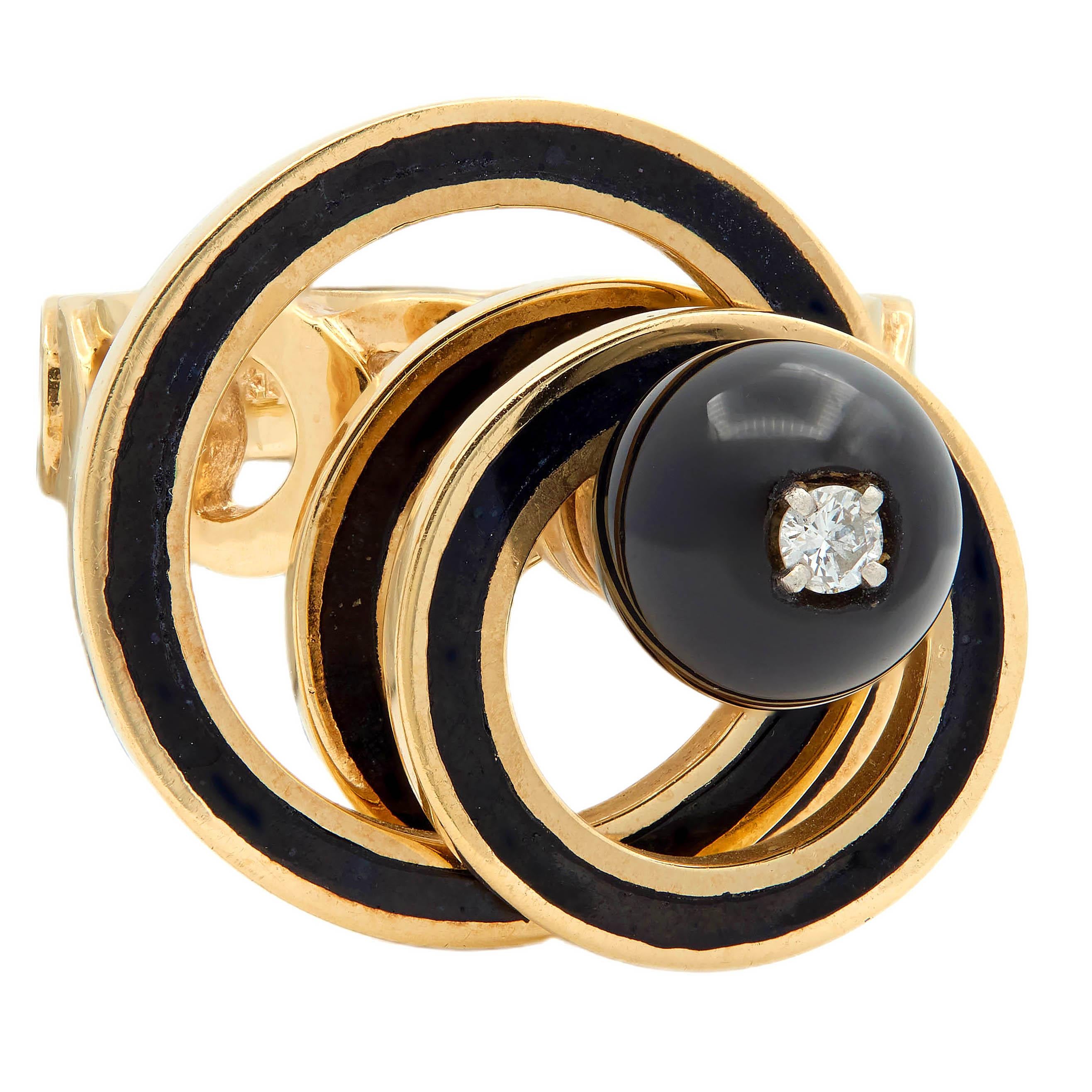 Norman Teufel Onyx Diamond 18K Gold Arch Vintage Kinetic Fidget Spinner Ring