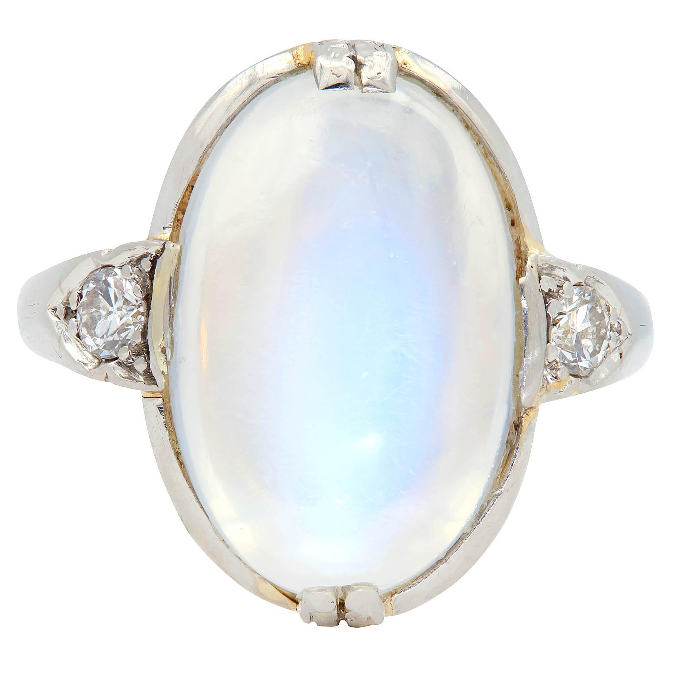 Art Deco Moonstone Diamond Platinum 18 Karat Yellow Gold Antique Dinner Ring
