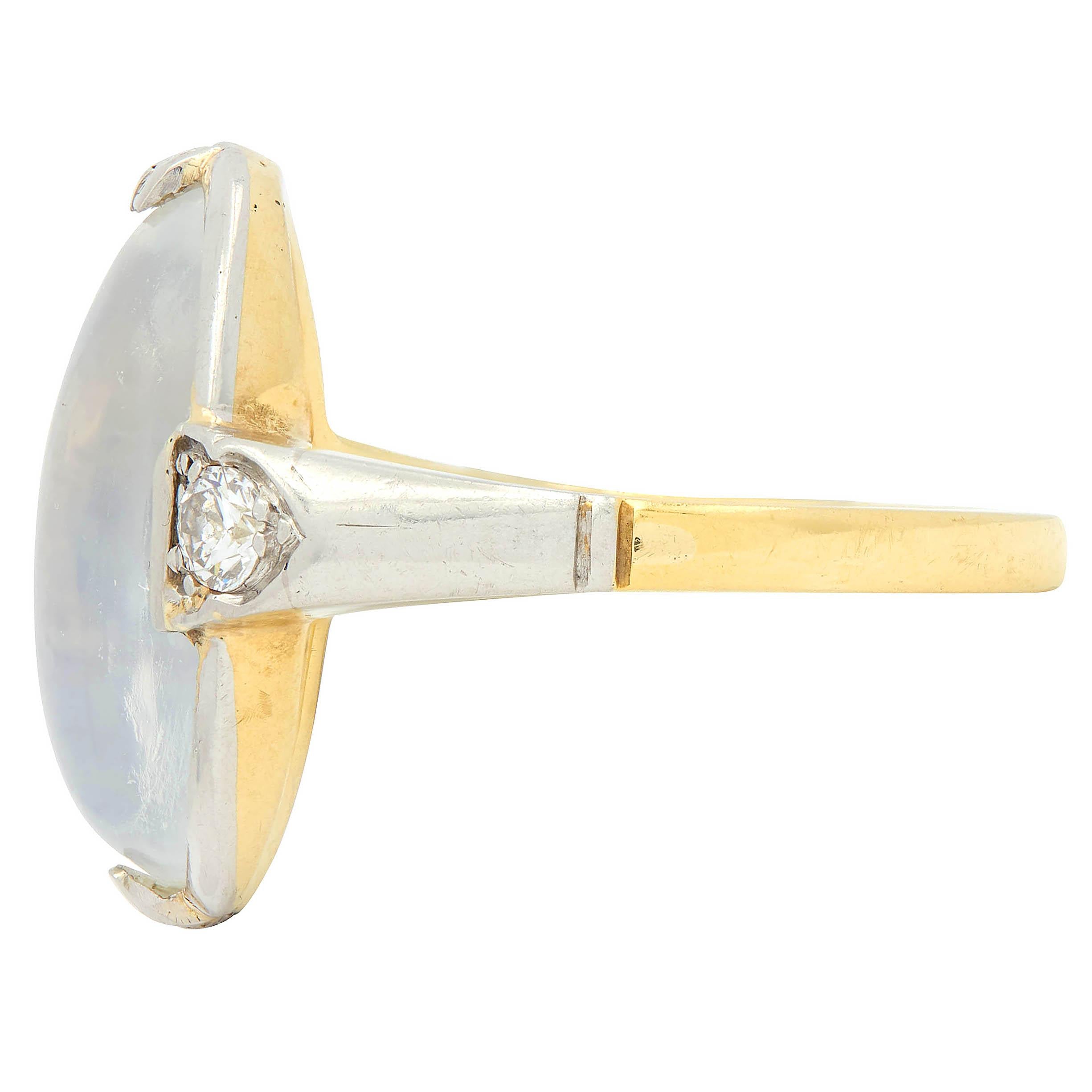 Art Deco Moonstone Diamond Platinum 18 Karat Yellow Gold Antique Dinner Ring