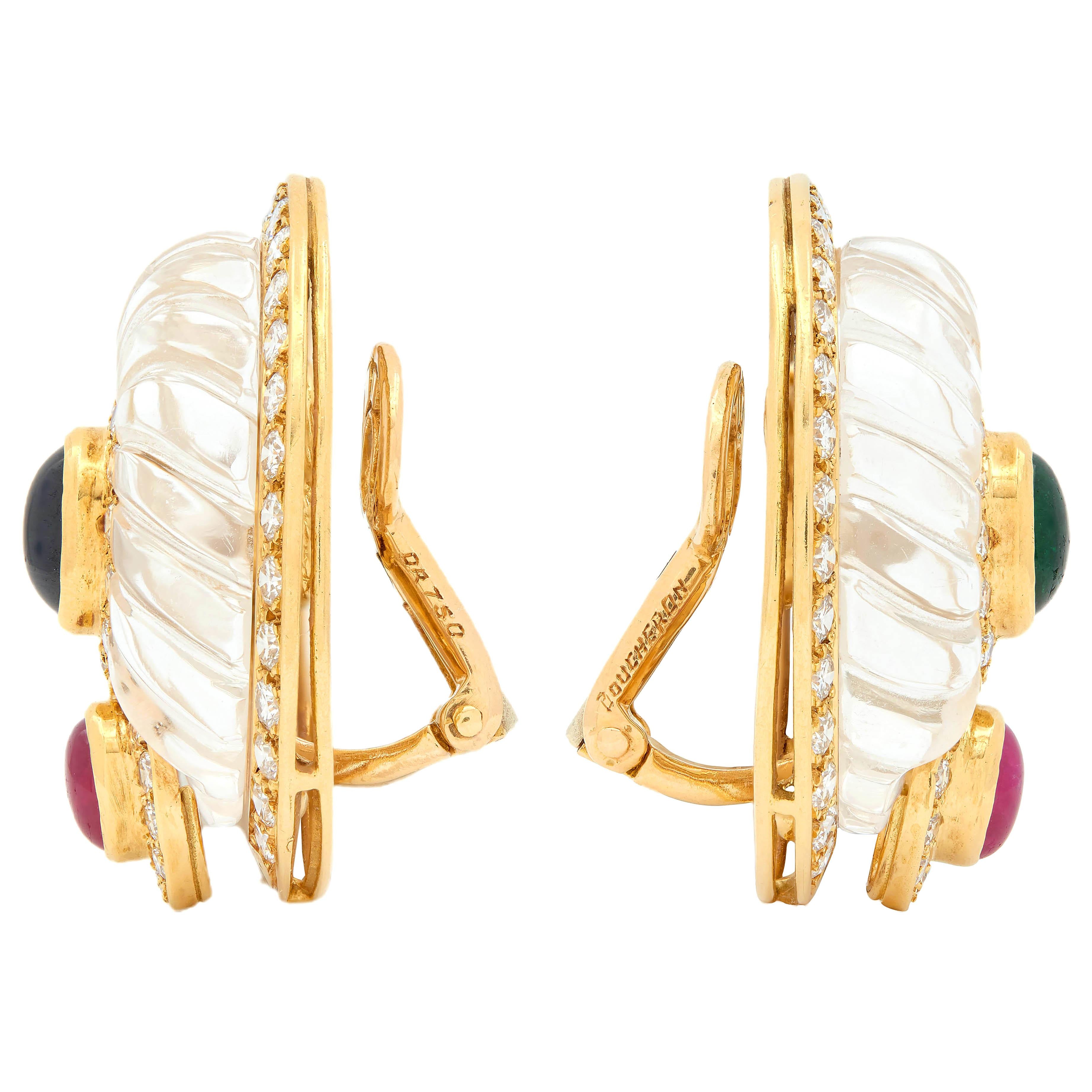 Boucheron French Rock Crystal 18K Gold Sapphire Ruby Diamond Vintage Earrings