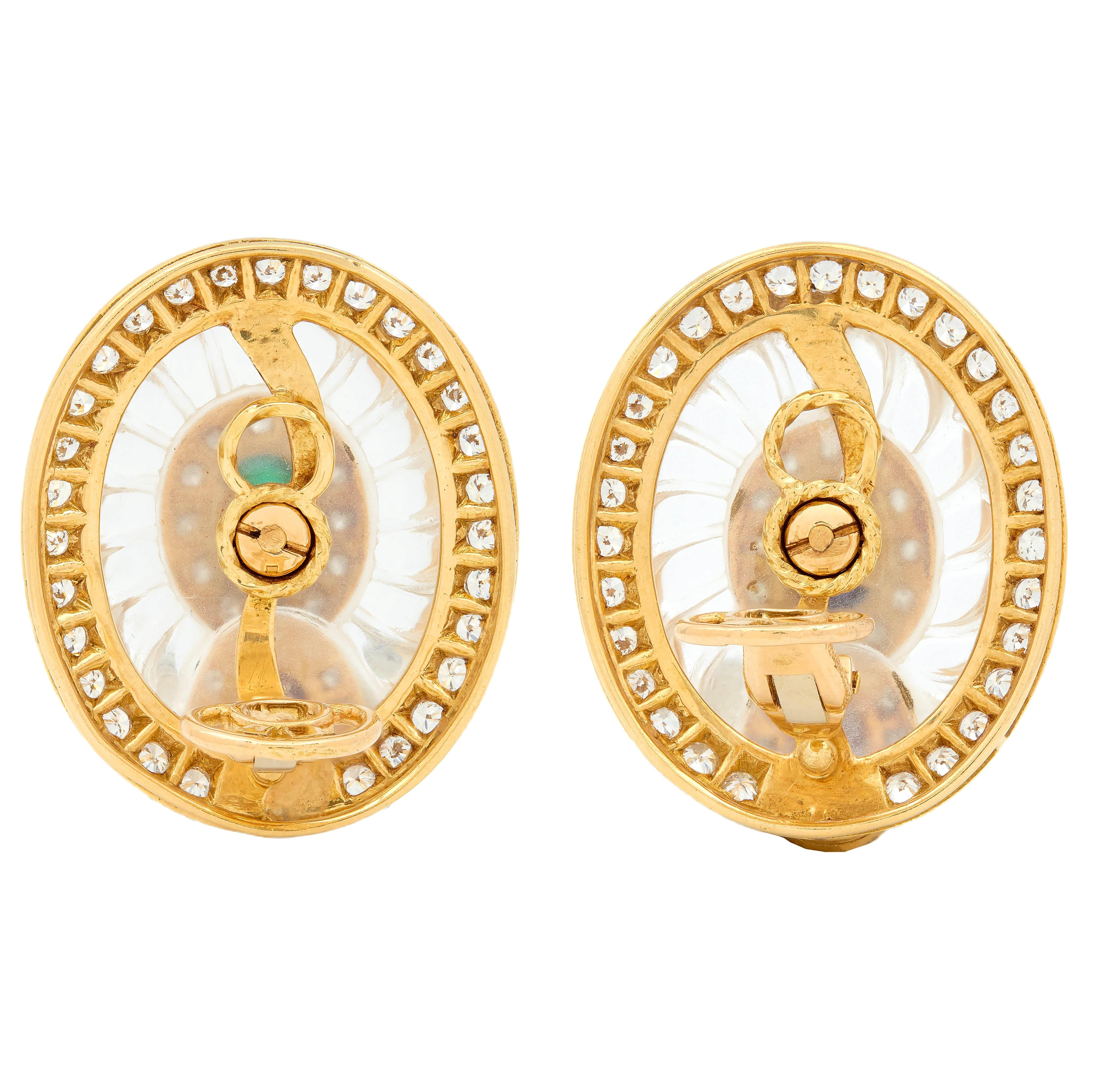 Boucheron French Rock Crystal 18K Gold Sapphire Ruby Diamond Vintage Earrings