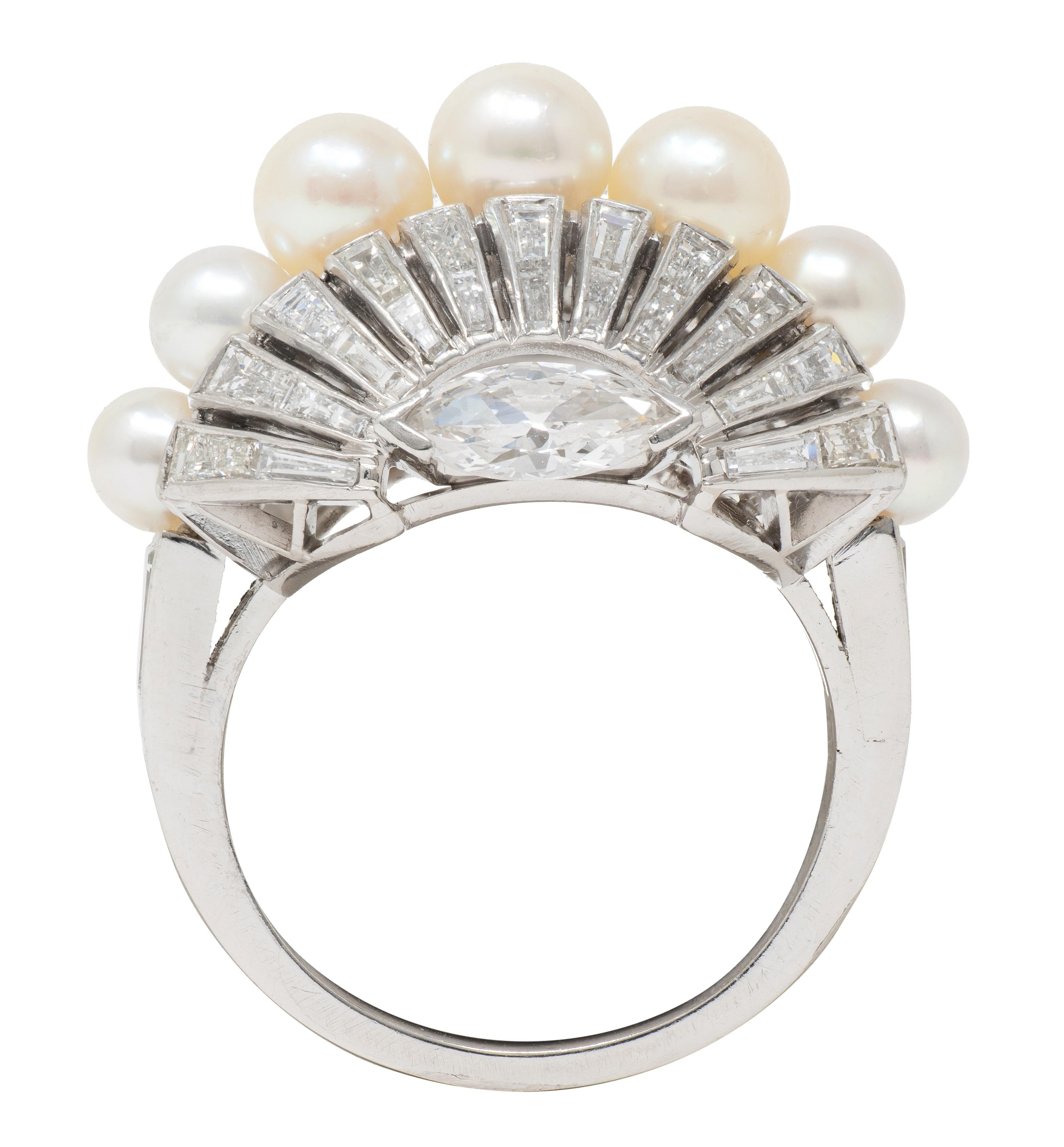 Mid-Century Modernist Pearl Diamond Platinum Vintage Fanning Cocktail Ring
