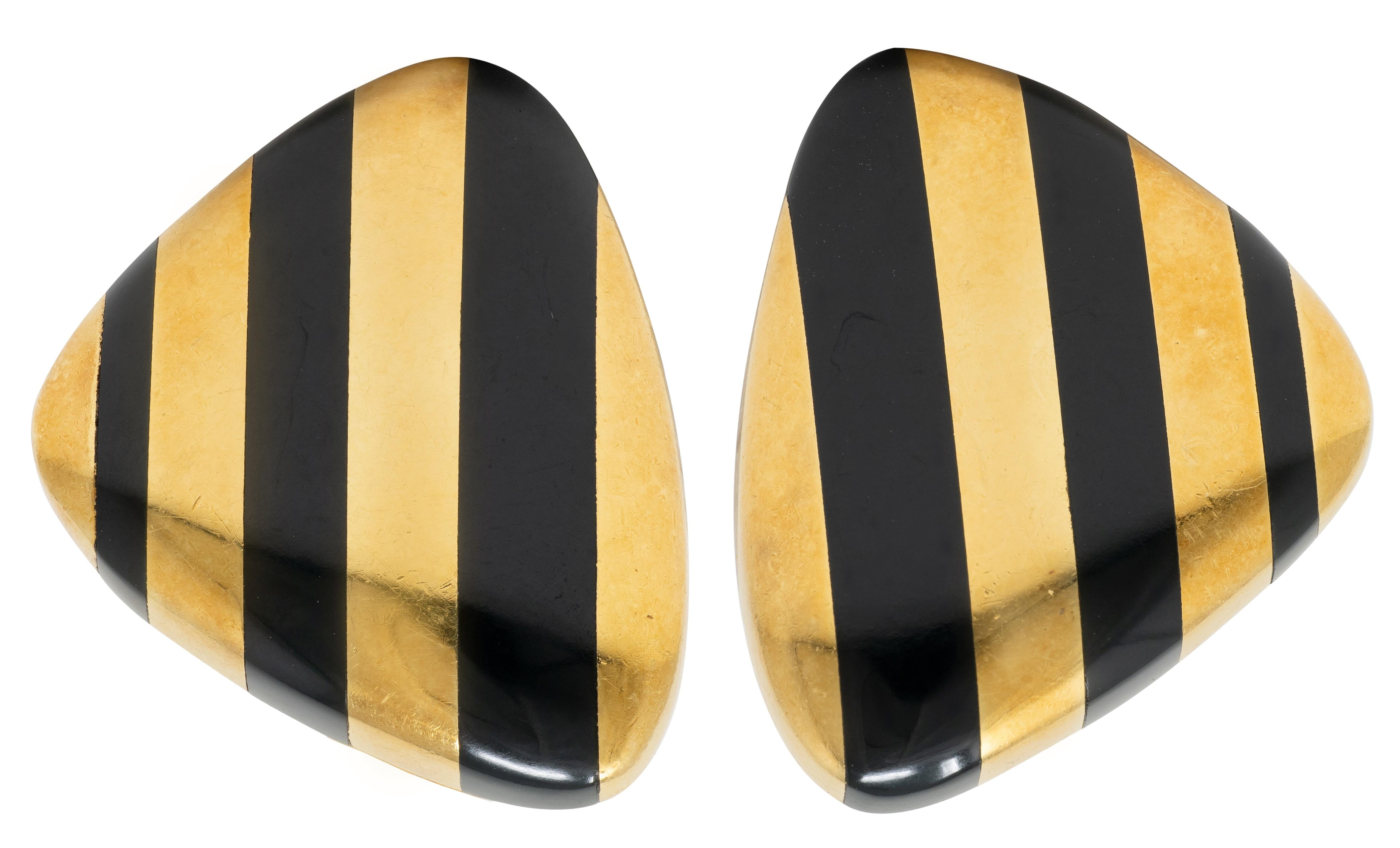 Angela Cummings 1980's Onyx 18 Karat Yellow Gold Vintage Inlay Stripe Earrings