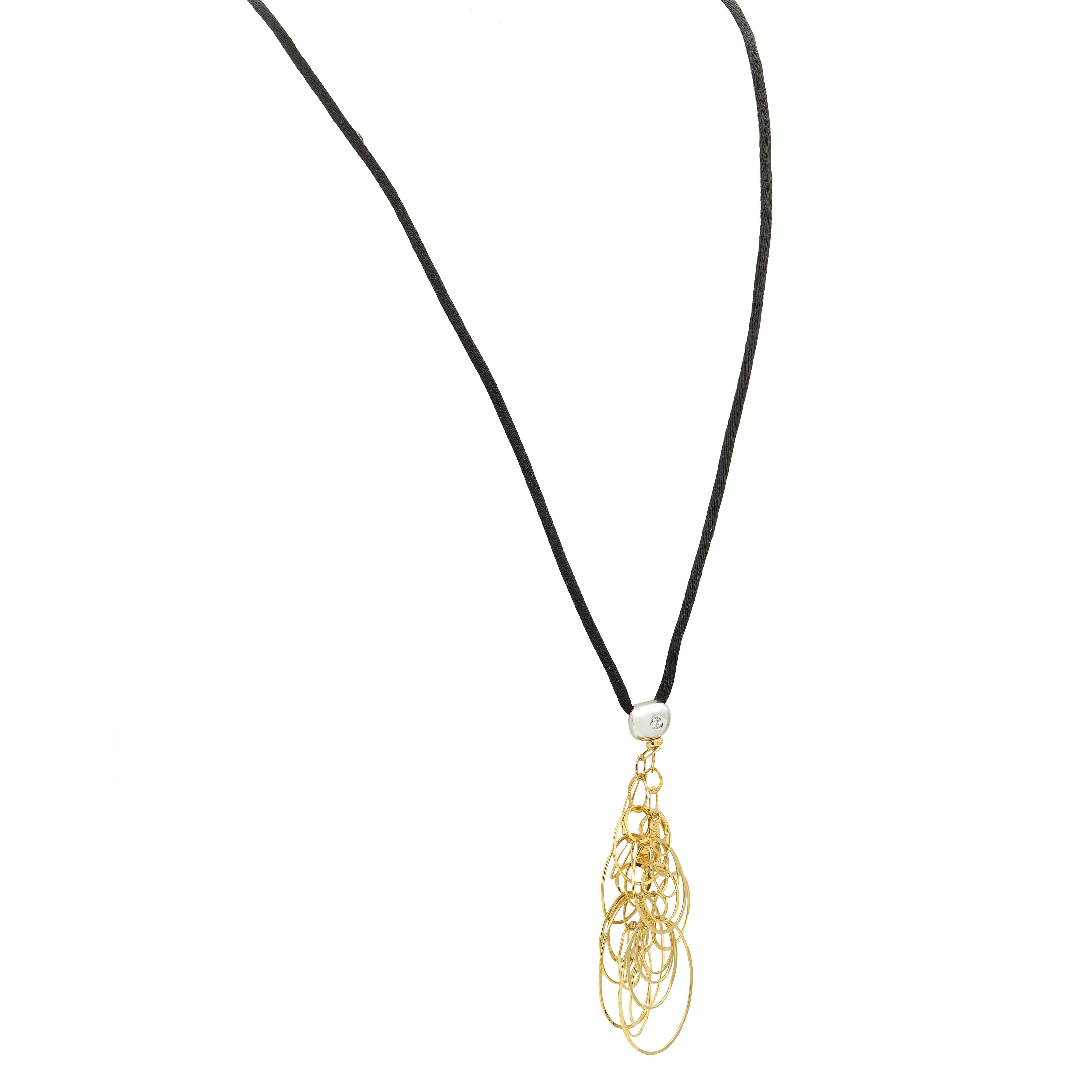 Orlandini 2000's Diamond 18 Karat Two-Tone Gold Hoop Pendant Silk Cord Necklace