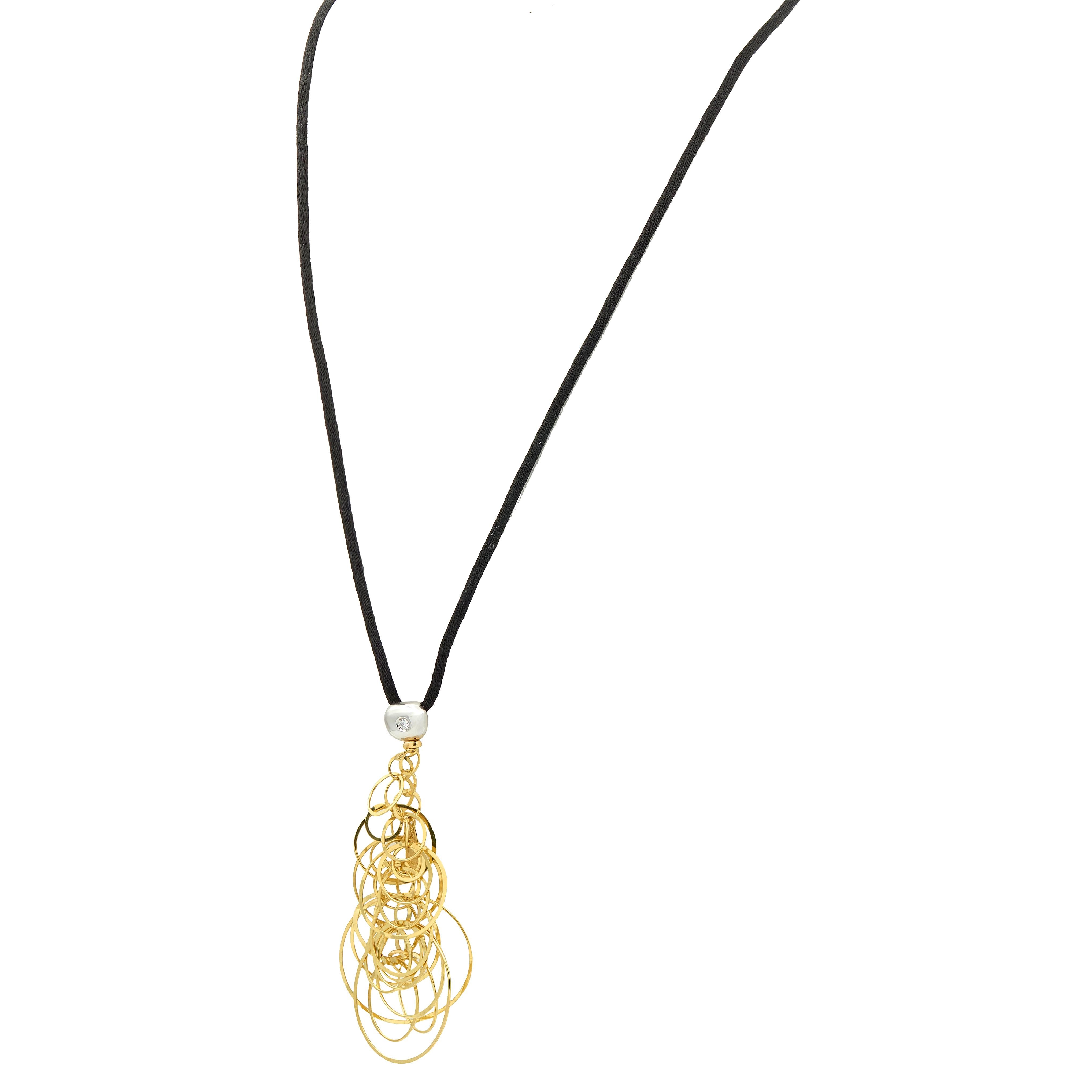 Orlandini 2000's Diamond 18 Karat Two-Tone Gold Hoop Pendant Silk Cord Necklace