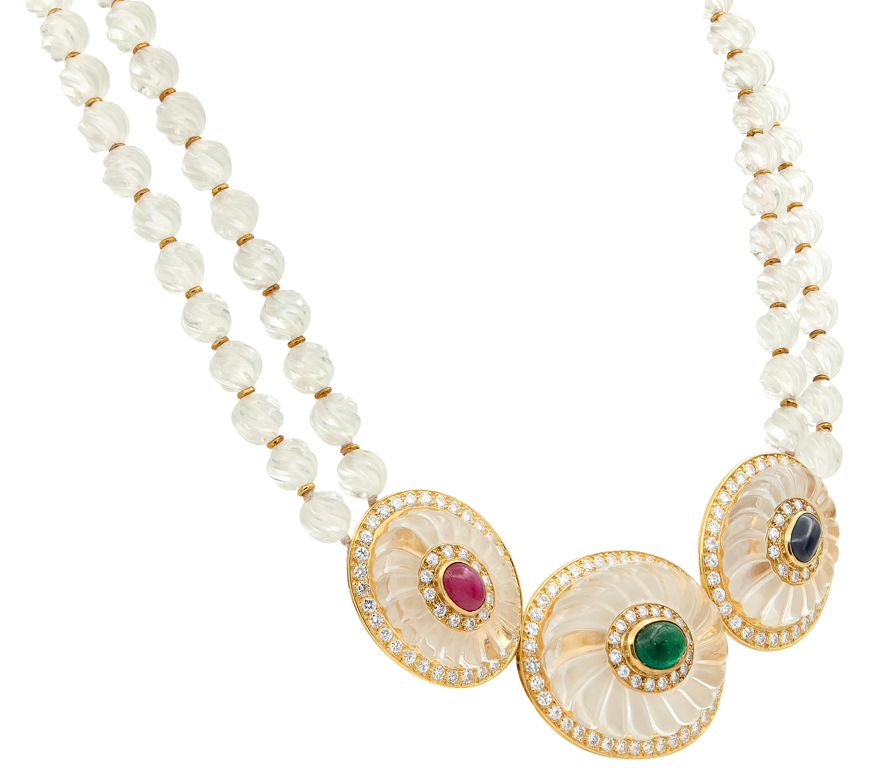 Boucheron French Rock Crystal 18K Gold Sapphire Ruby Diamond Collar Necklace