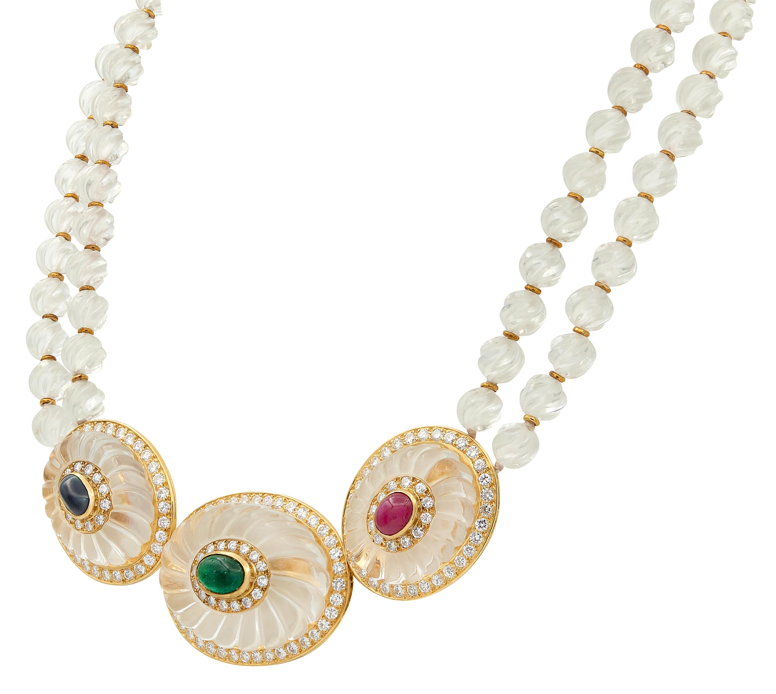 Boucheron French Rock Crystal 18K Gold Sapphire Ruby Diamond Collar Necklace