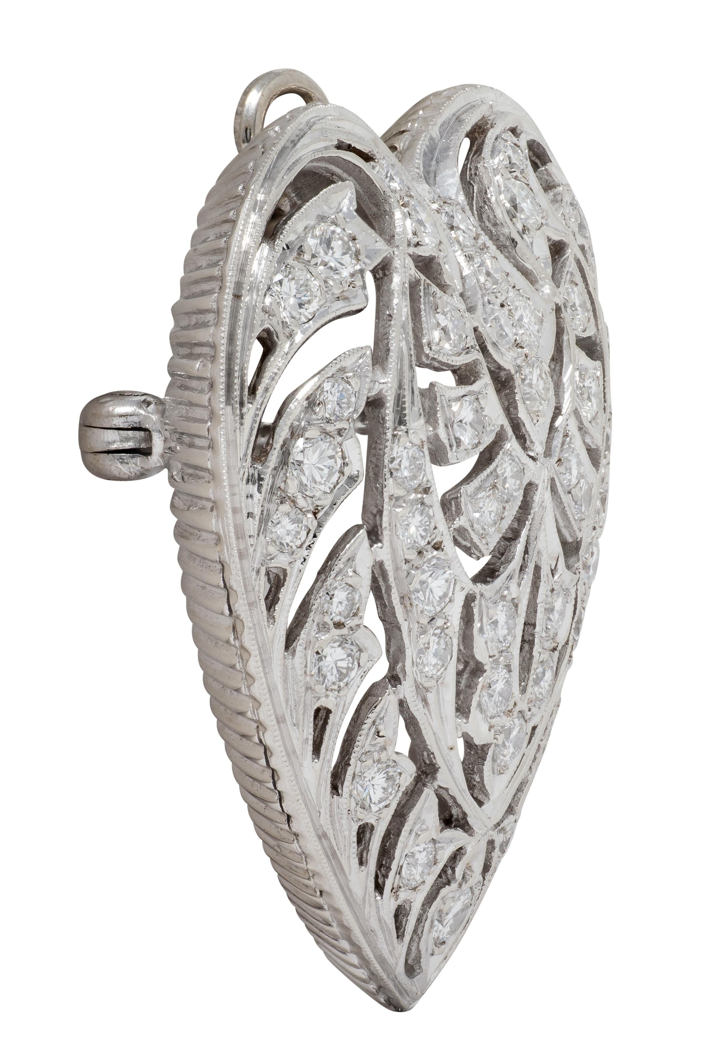Mid-Century 1.85 CTW Diamond 14 Karat White Gold Vintage Heart Pendant Brooch